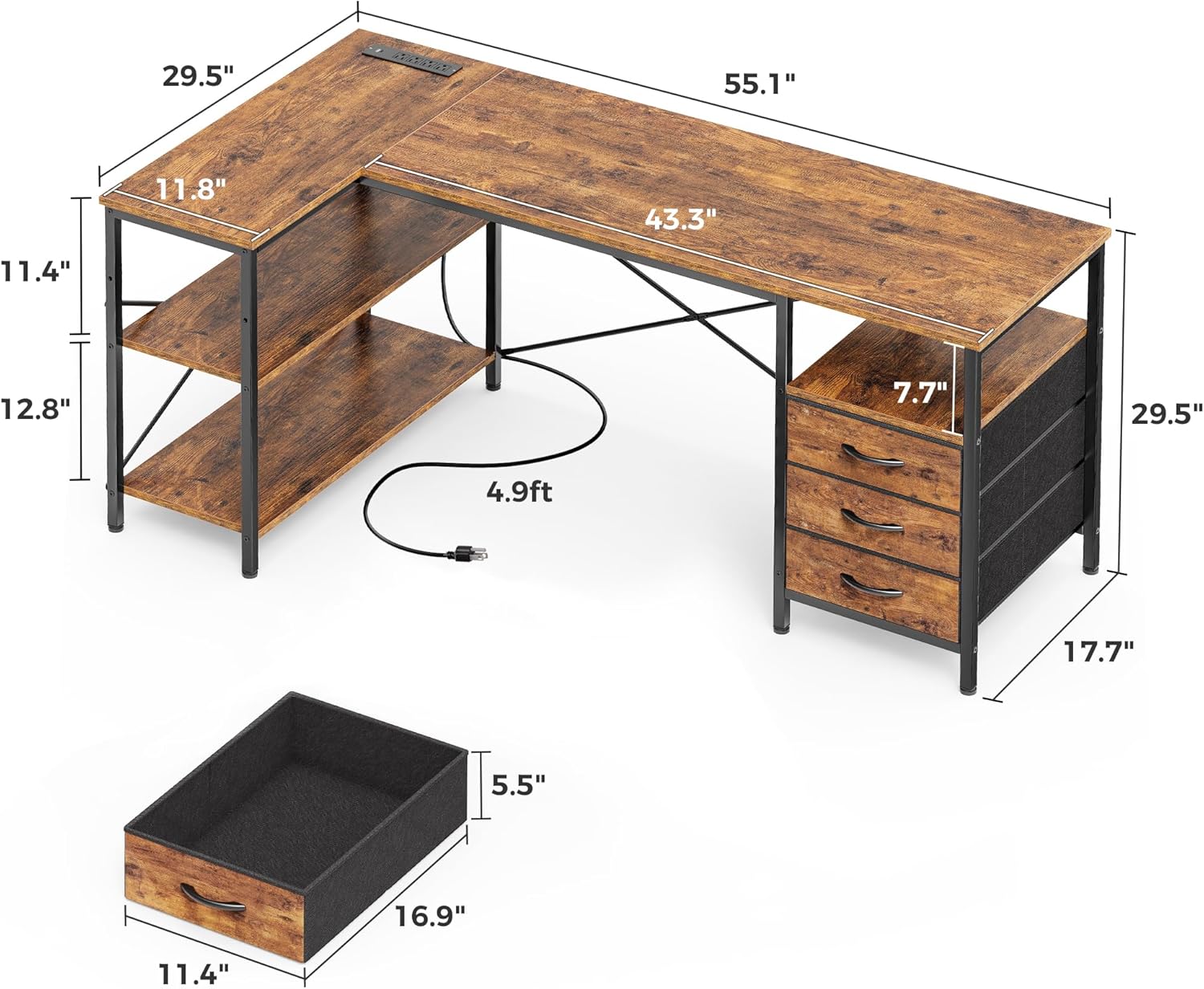 Shaped Desk with Power Outlets, Computer Desk with 3 Drawers,Office Desk with Shelves, Gaming Desk, Corner Desk Work Desk for Home Office, Study, Rustic Brown
