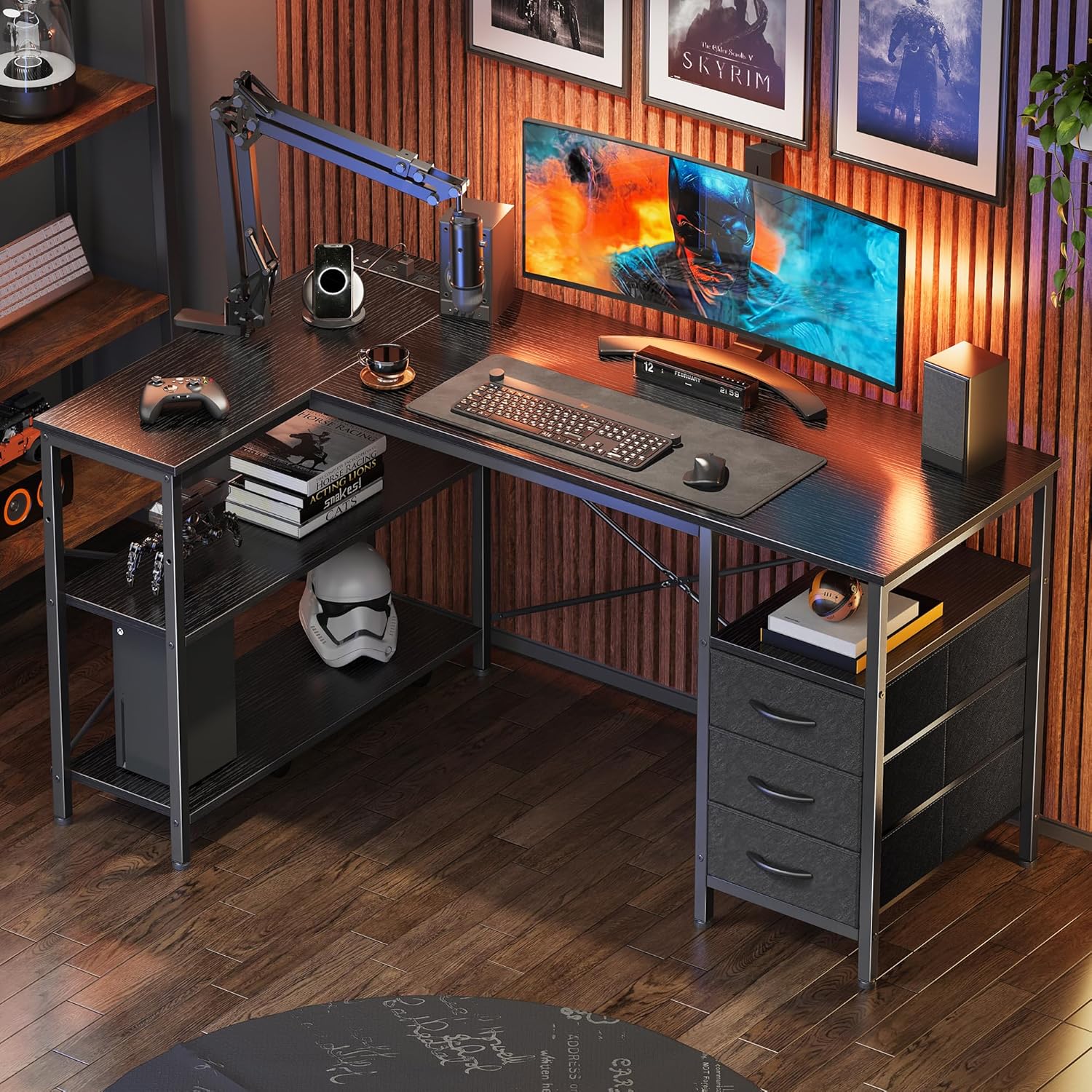 Shaped Desk with Power Outlets, Computer Desk with 3 Drawers,Office Desk with Shelves, Gaming Desk, Corner Desk Work Desk for Home Office, Study, Rustic Brown