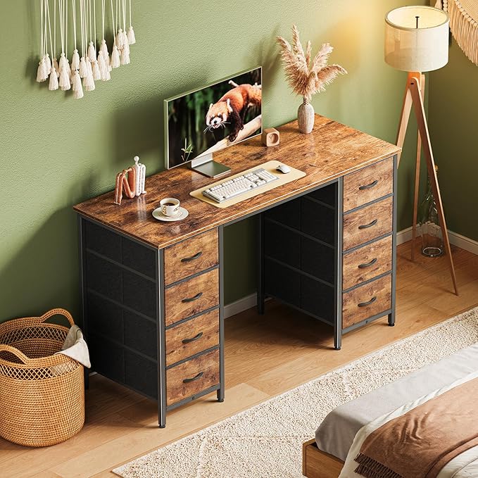 47 Inch Computer Desk with 8 Drawers, Office Desk Work Desk for Home Office, Study, Gaming Desk with Fabric Drawers, Large Storage, Rustic Brown