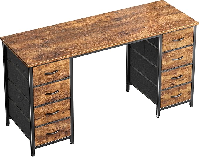 47 Inch Computer Desk with 8 Drawers, Office Desk Work Desk for Home Office, Study, Gaming Desk with Fabric Drawers, Large Storage, Rustic Brown