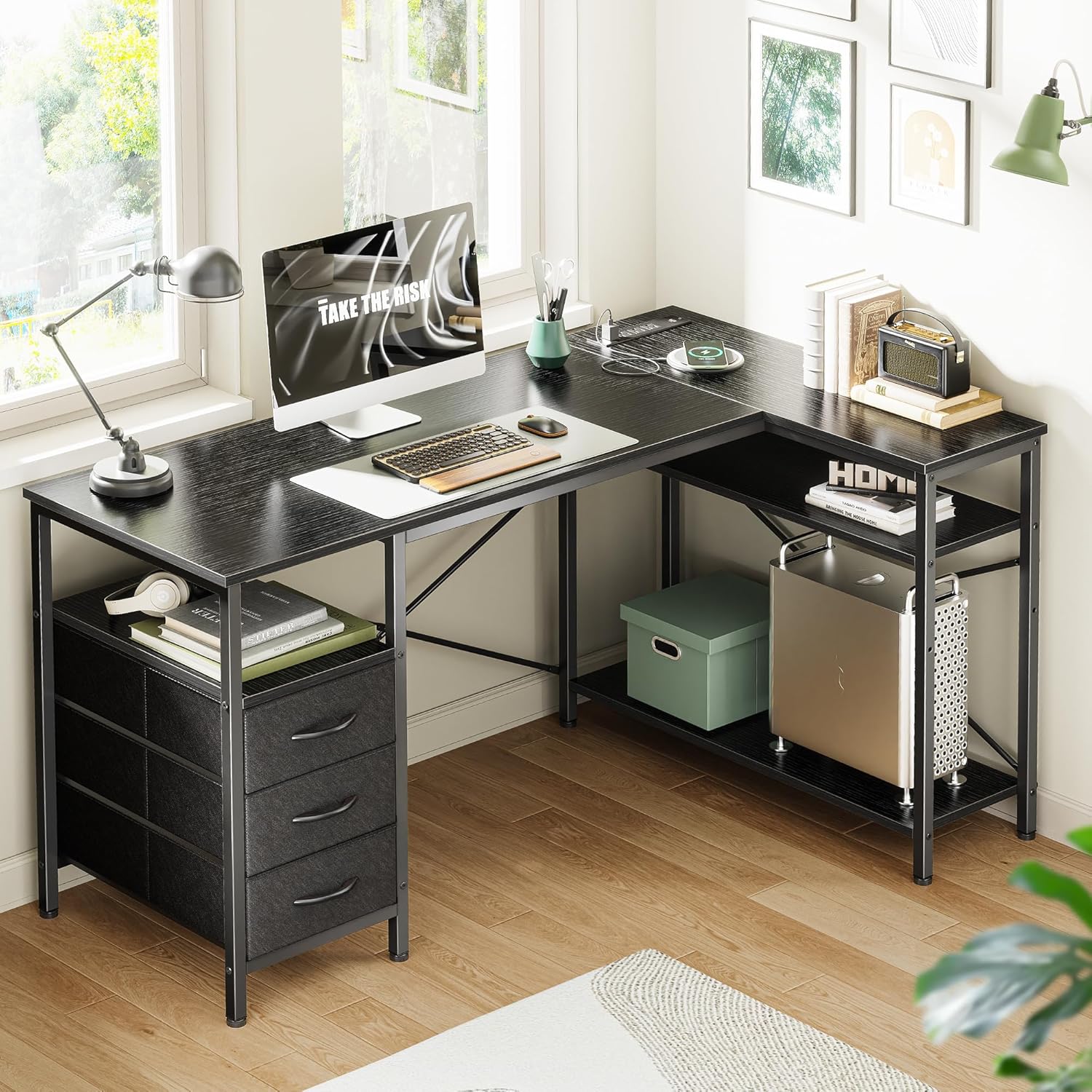 Shaped Desk with Power Outlets, Computer Desk with 3 Drawers,Office Desk with Shelves, Gaming Desk, Corner Desk Work Desk for Home Office, Study, Rustic Brown