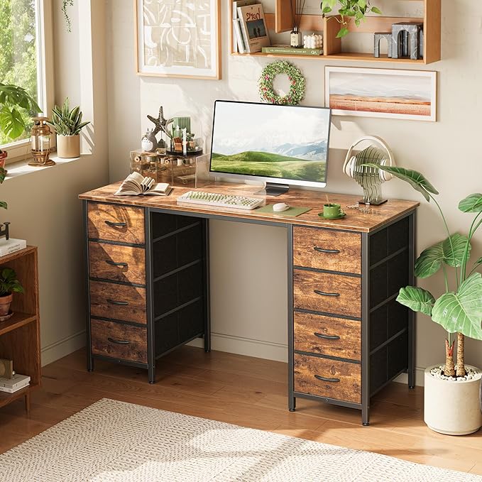 47 Inch Computer Desk with 8 Drawers, Office Desk Work Desk for Home Office, Study, Gaming Desk with Fabric Drawers, Large Storage, Rustic Brown
