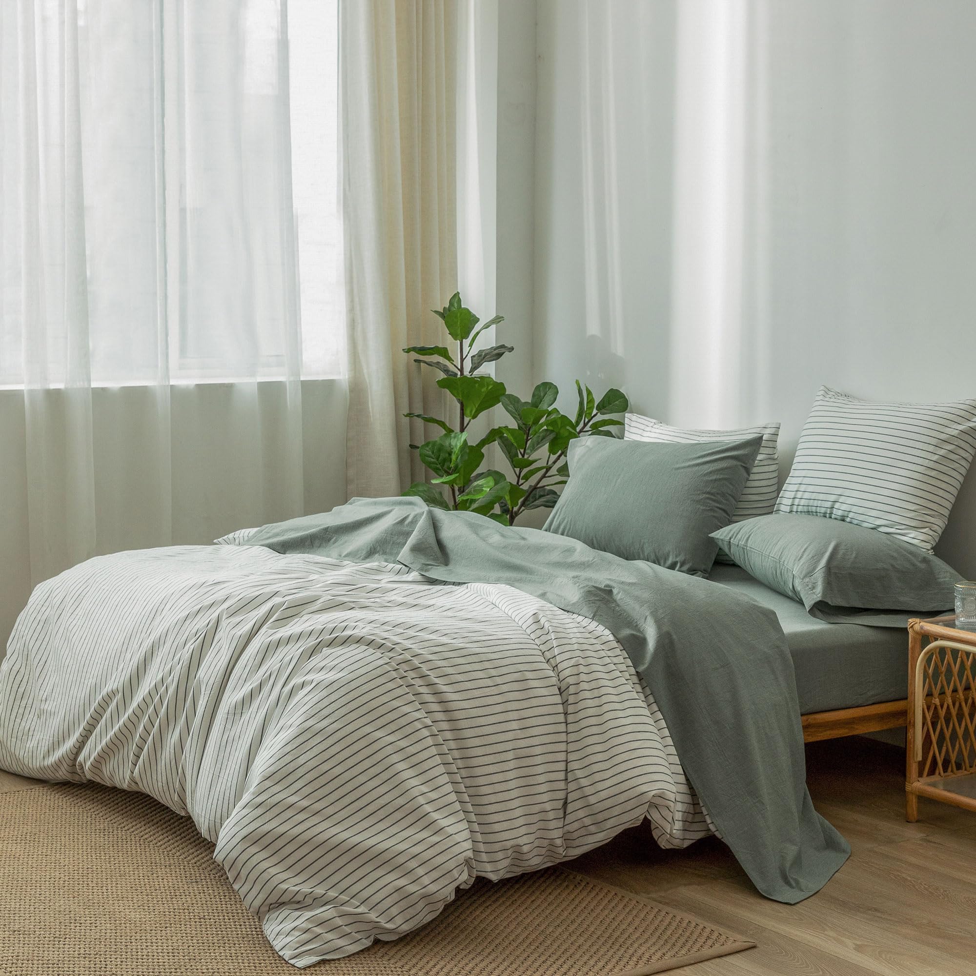 1   MooMee Bedding Sheet Set 100% Washed Cotton Linen Like Textured Breathable Durable Soft Comfy (Dark Grey, King)