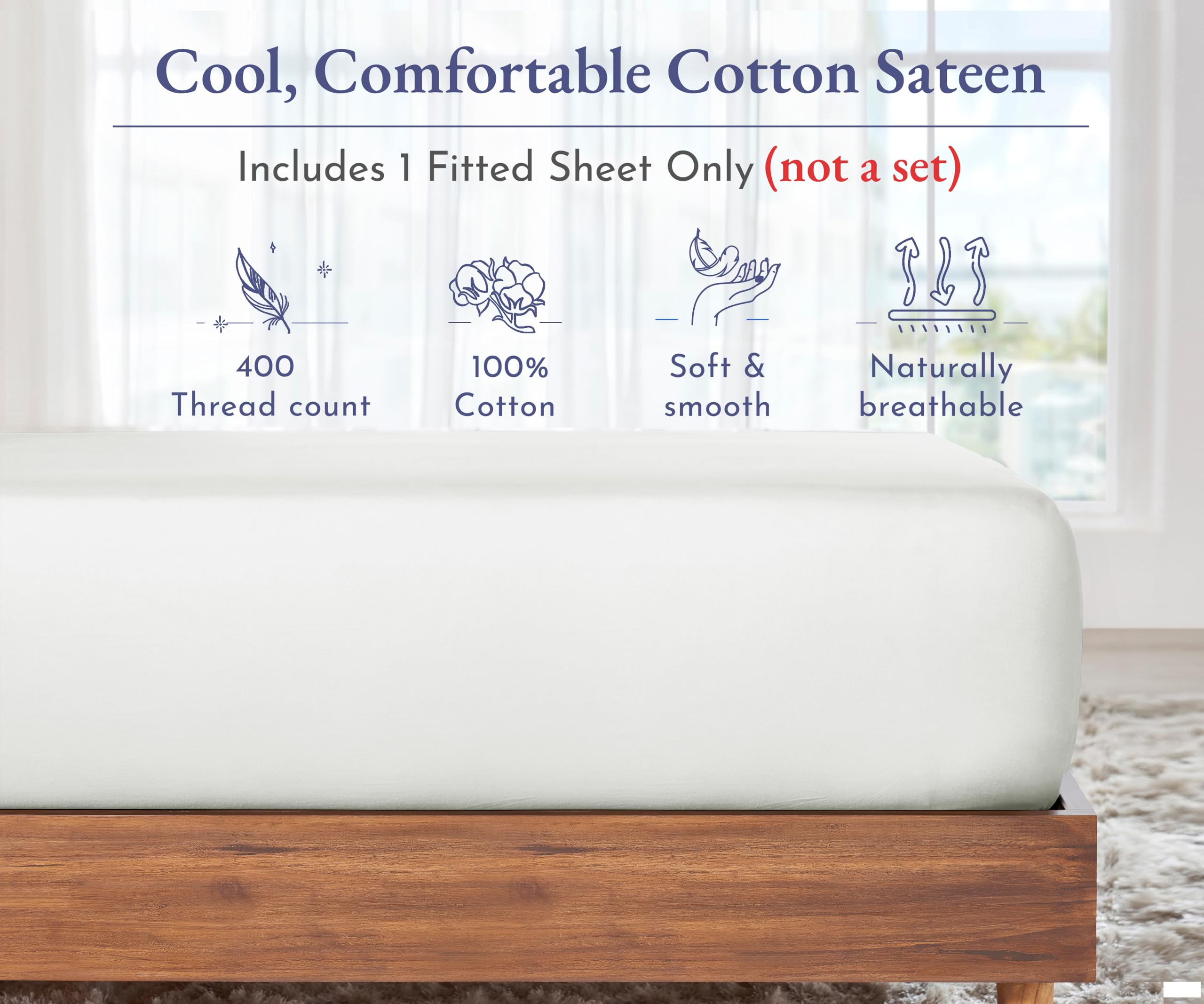 King Size Fitted Sheet White, 100% Cotton 400 Thread Count Sateen, Deep Pockets, Durable Fitted Sheet Only (King, White)