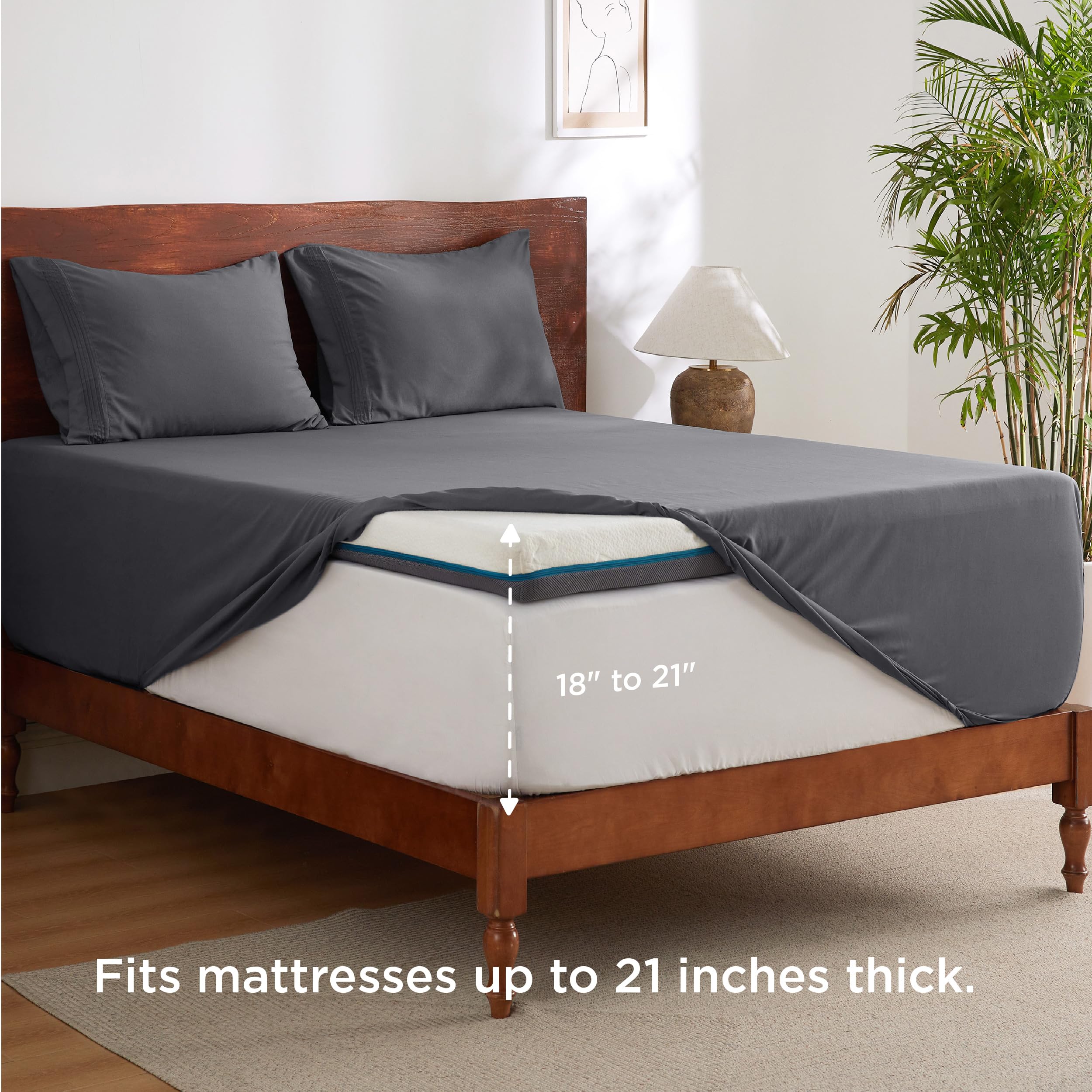 Deep Pocket Queen Sheets Set - Fits Mattresses Up to 21" Thick, 4 Piece Air Mattress Sheets with Deep Pocket, Moisture Wicking Soft Cooling Bedding Sheets & Pillowcases, Light Grey