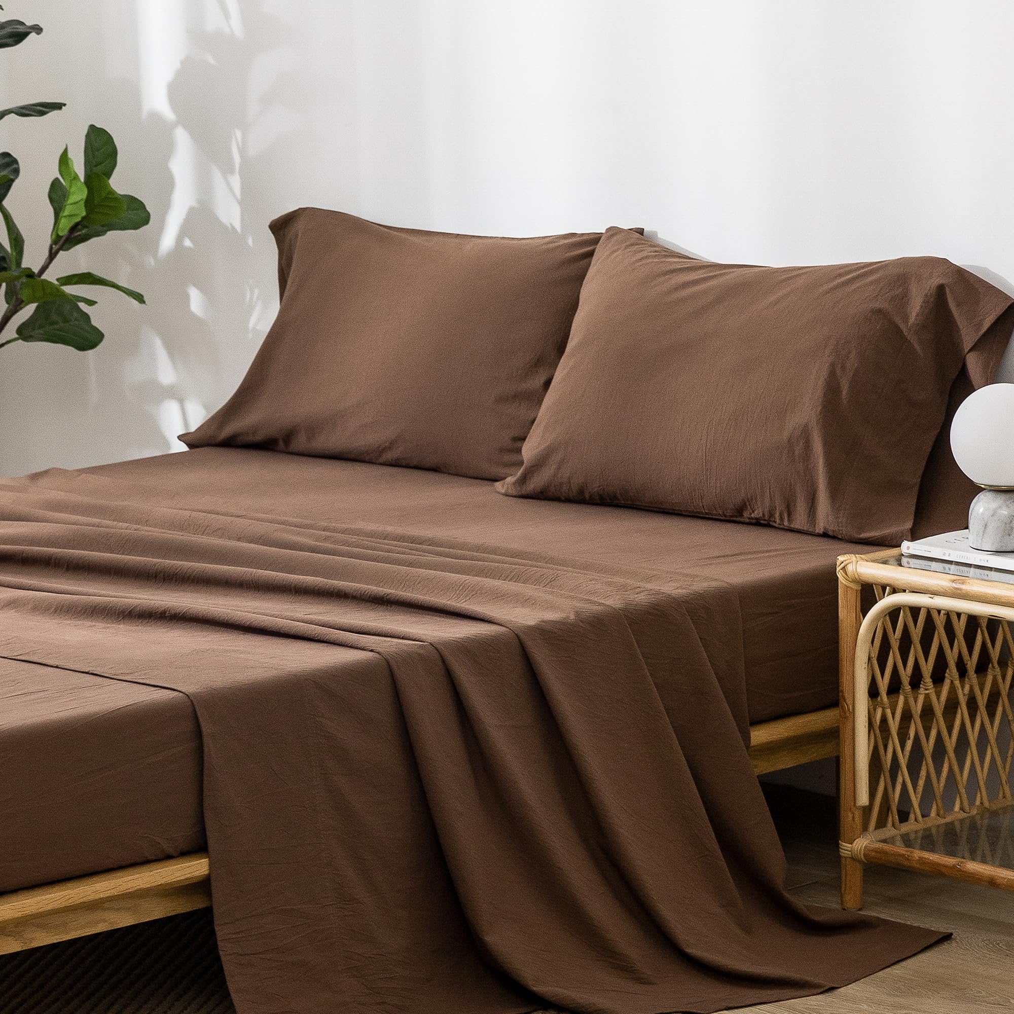 1 MooMee Bedding Sheet Set 100% Washed Cotton Linen Like Textured Breathable Durable Soft Comfy (Dark Grey, King)