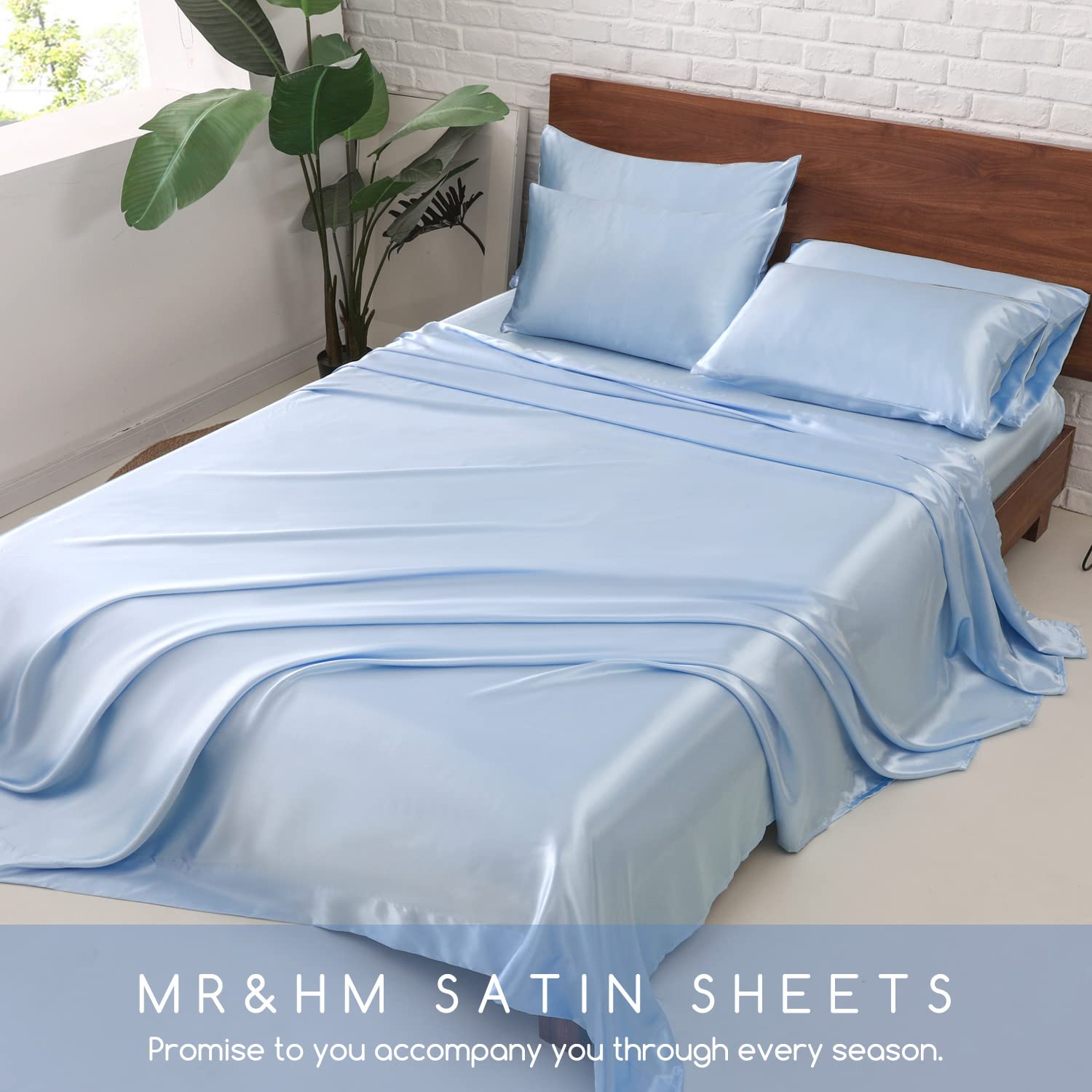 Satin Bed Sheets, Queen Size Sheets Set, 4 Pcs Silky Bedding Set with 15 Inches Deep Pocket for Mattress (Queen, Black)