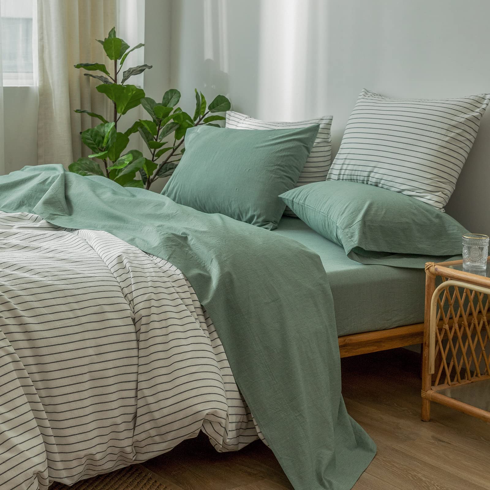 改MooMee Bedding Sheet Set 100% Washed Cotton Linen Like Textured Breathable Durable Soft Comfy (Dark Grey, King)