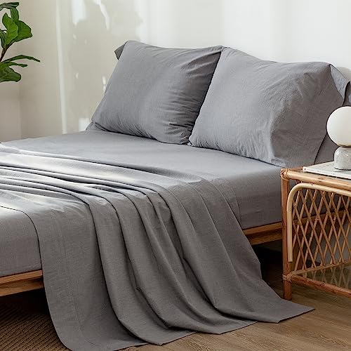 1 MooMee Bedding Sheet Set 100% Washed Cotton Linen Like Textured Breathable Durable Soft Comfy (Dark Grey, King)