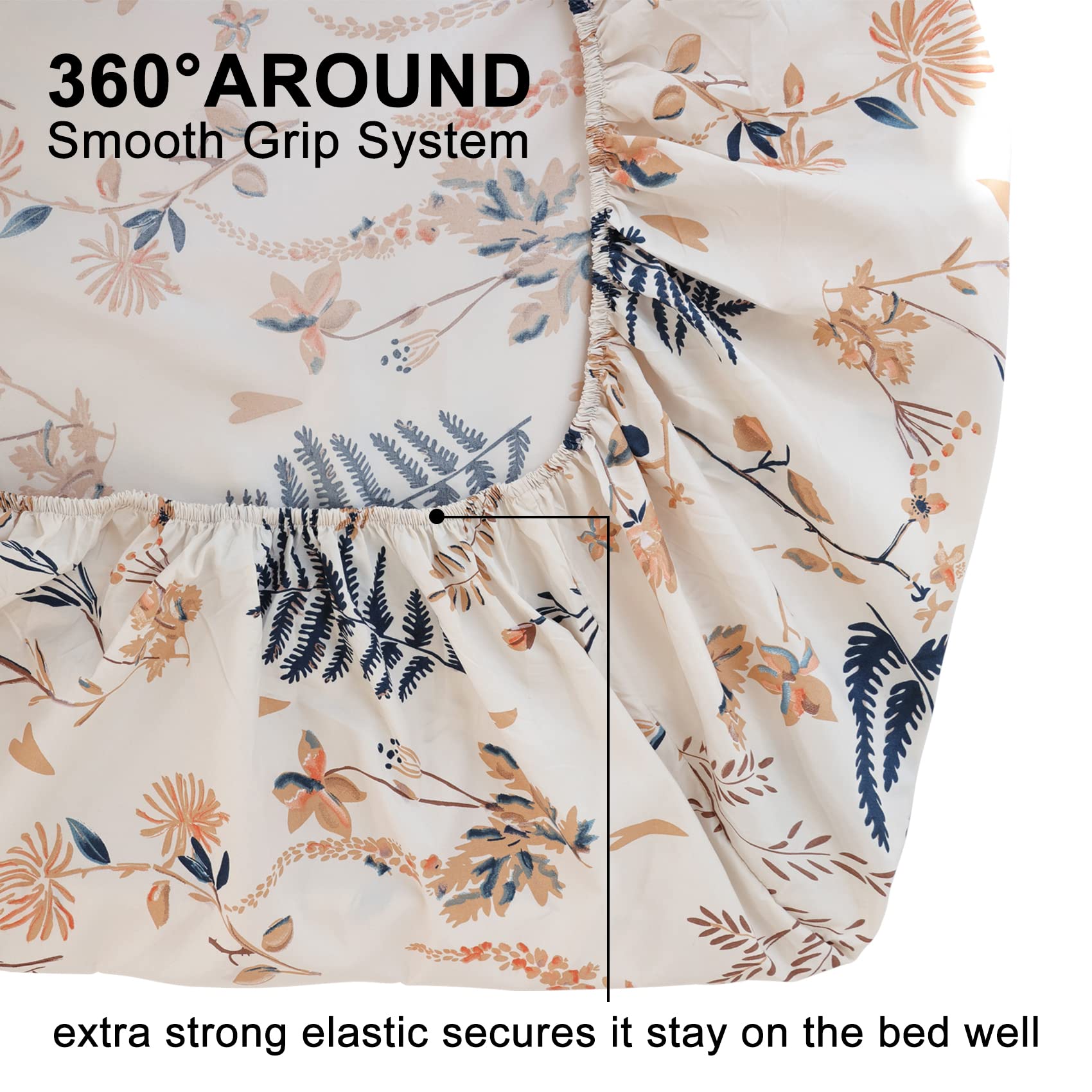 Boho Floral Printed Sheet Set Queen Size 4 Piece, Soft Botanical Pattern Microfiber Sheets Extra Deep Pocket