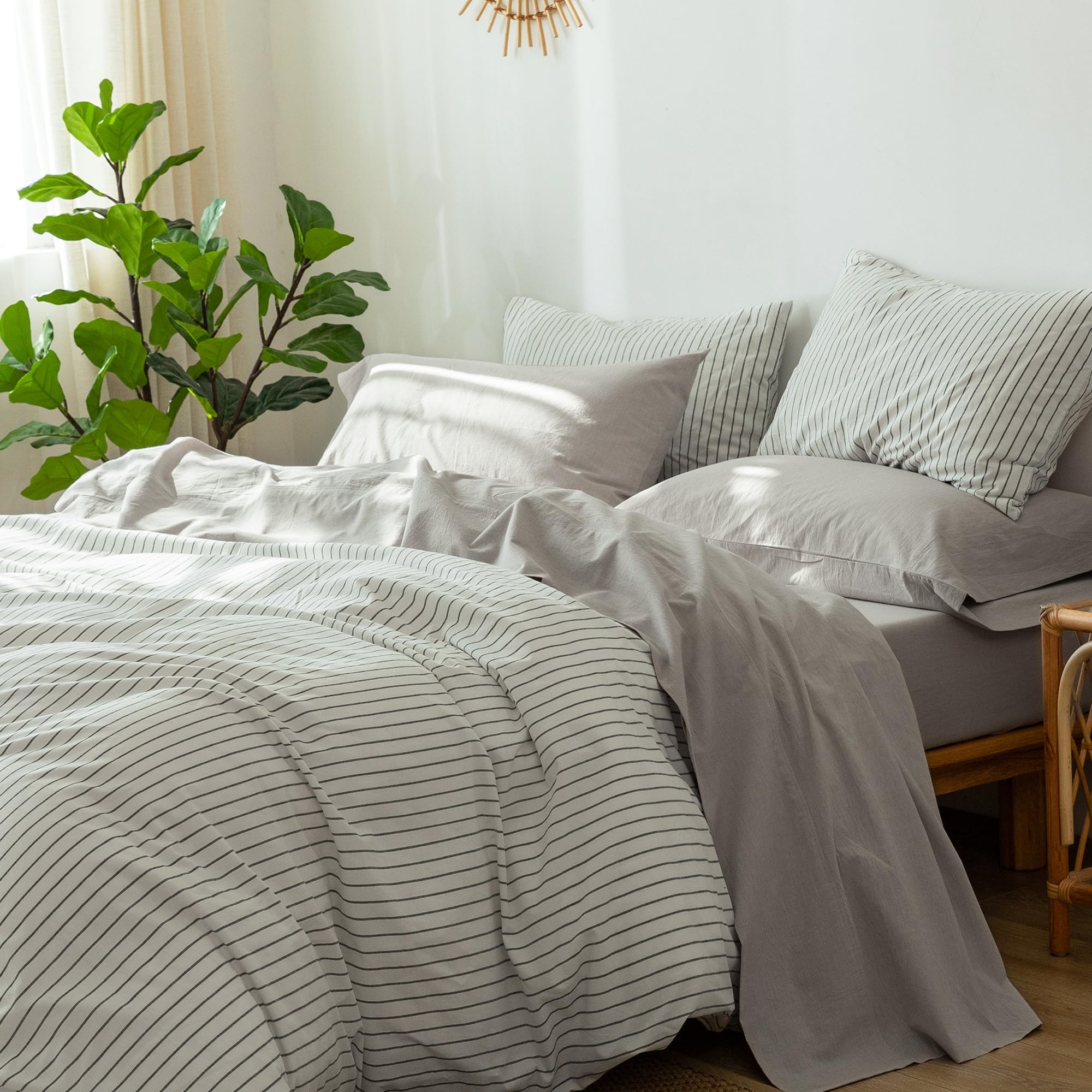 1 MooMee Bedding Sheet Set 100% Washed Cotton Linen Like Textured Breathable Durable Soft Comfy (Dark Grey, King)
