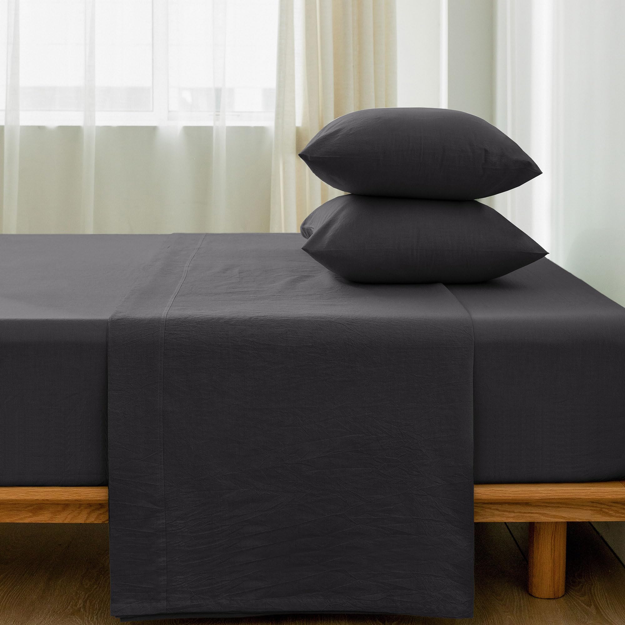 1 MooMee Bedding Sheet Set 100% Washed Cotton Linen Like Textured Breathable Durable Soft Comfy (Dark Grey, King)