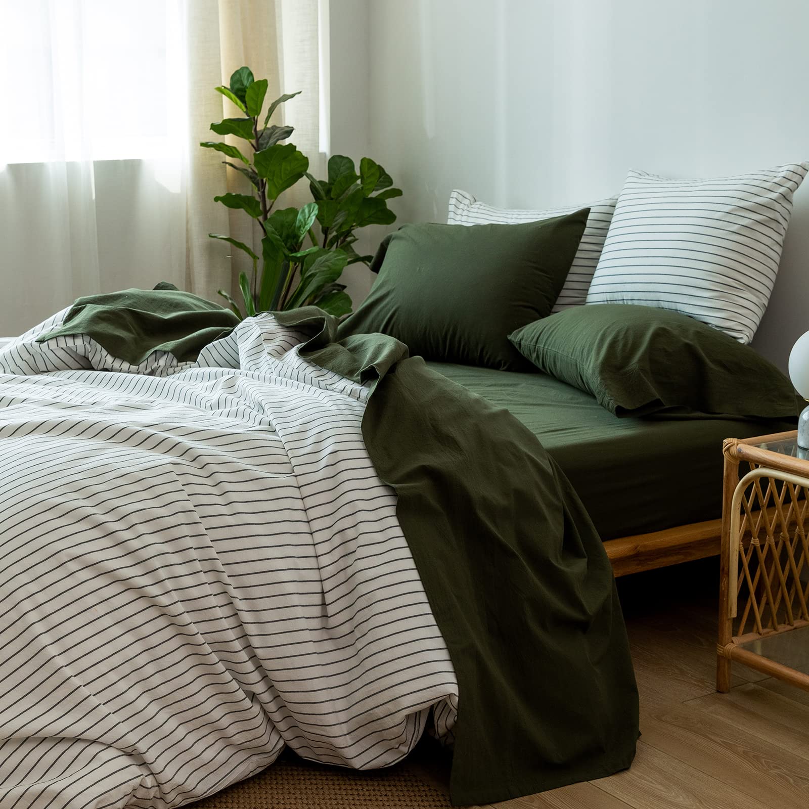 1 MooMee Bedding Sheet Set 100% Washed Cotton Linen Like Textured Breathable Durable Soft Comfy (Dark Grey, King)