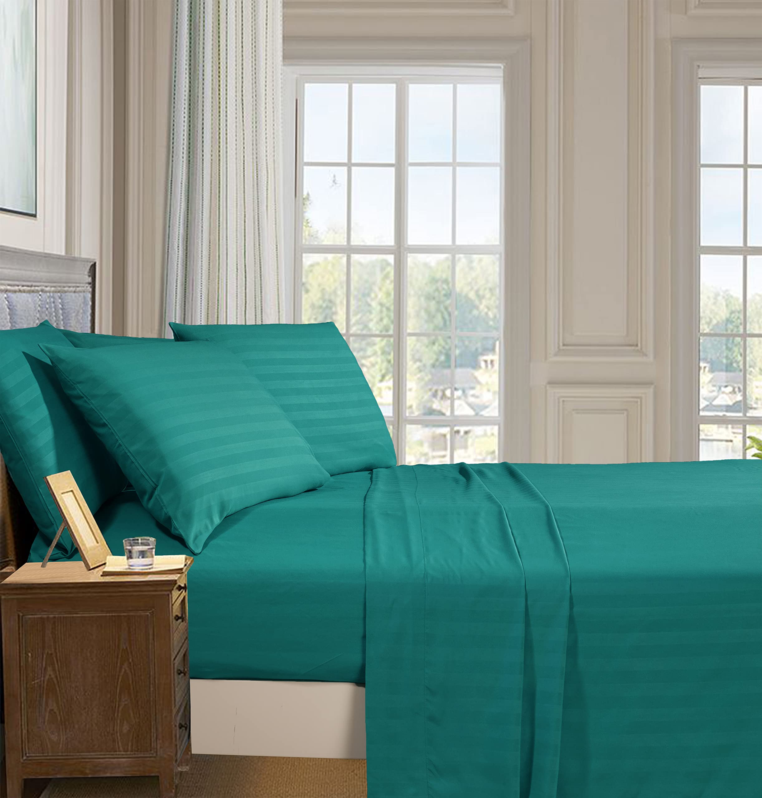 1Elegant Comfort Best, Softest, Coziest 6-Piece Sheet Sets! - 1500 Premier Hotel Quality Luxurious Wrinkle Resistant 6-Piece Damask Stripe Bed Sheet Set, Queen Sage/Green