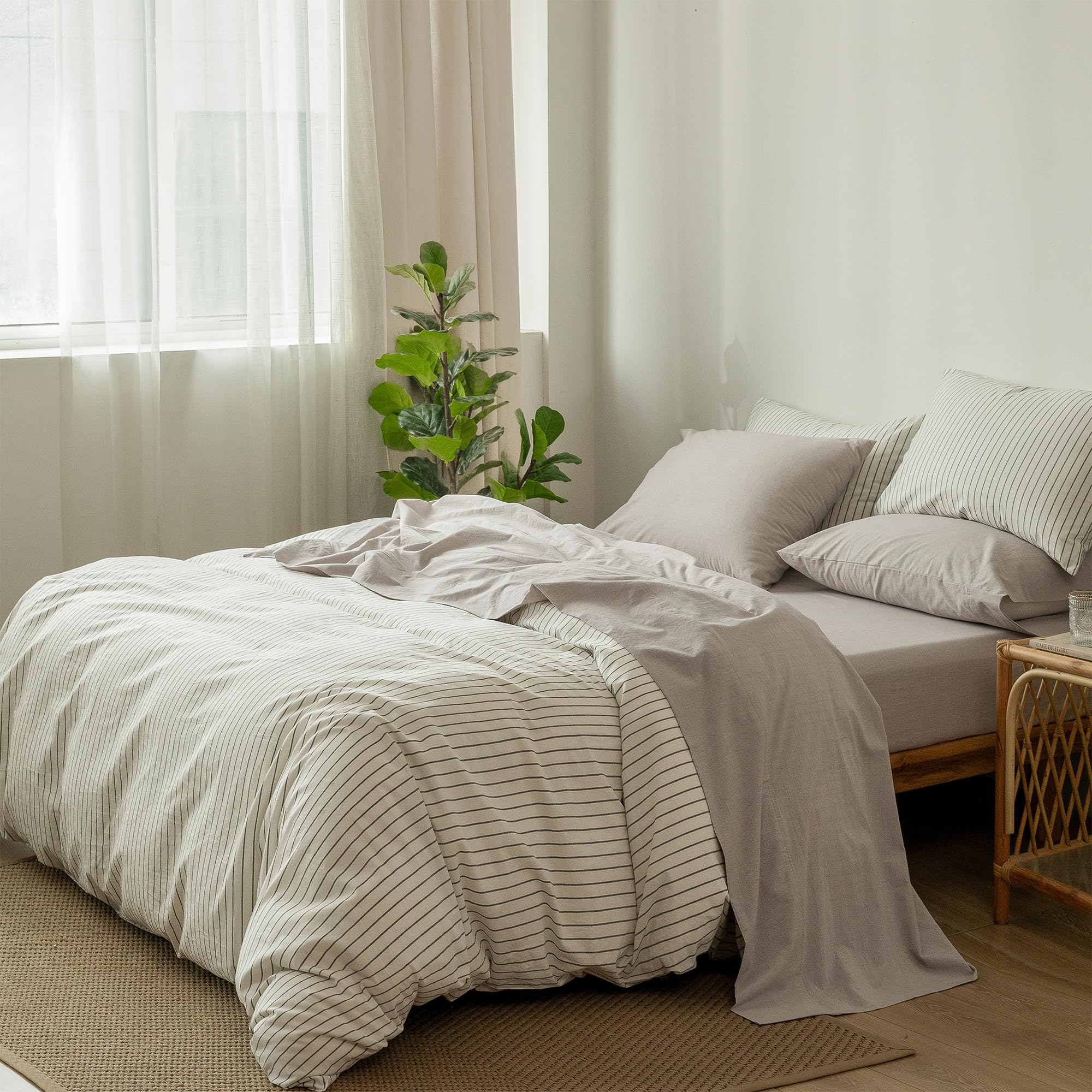 1 MooMee Bedding Sheet Set 100% Washed Cotton Linen Like Textured Breathable Durable Soft Comfy (Dark Grey, King)