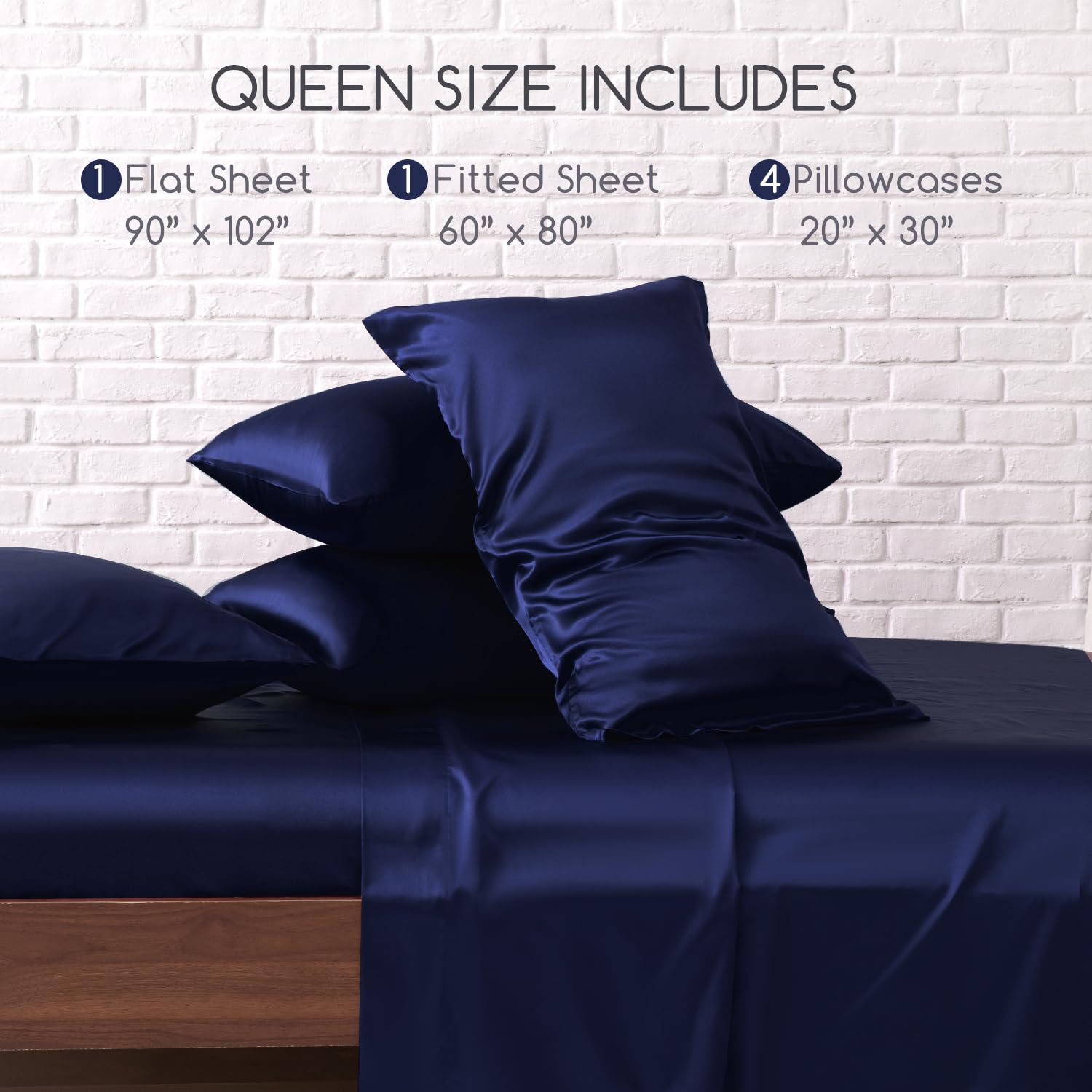 Satin Bed Sheets, Queen Size Sheets Set, 4 Pcs Silky Bedding Set with 15 Inches Deep Pocket for Mattress (Queen, Black)