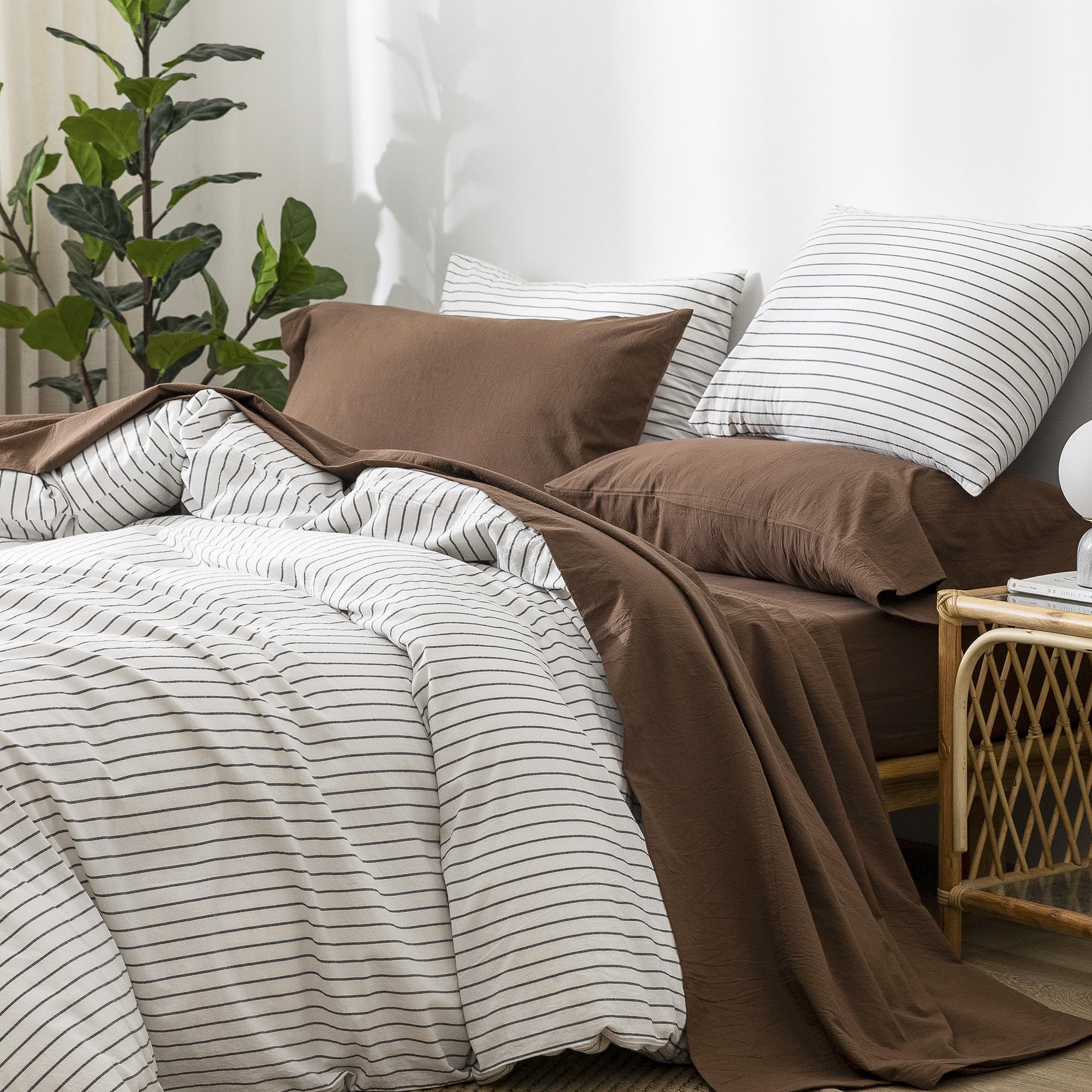 1 MooMee Bedding Sheet Set 100% Washed Cotton Linen Like Textured Breathable Durable Soft Comfy (Dark Grey, King)
