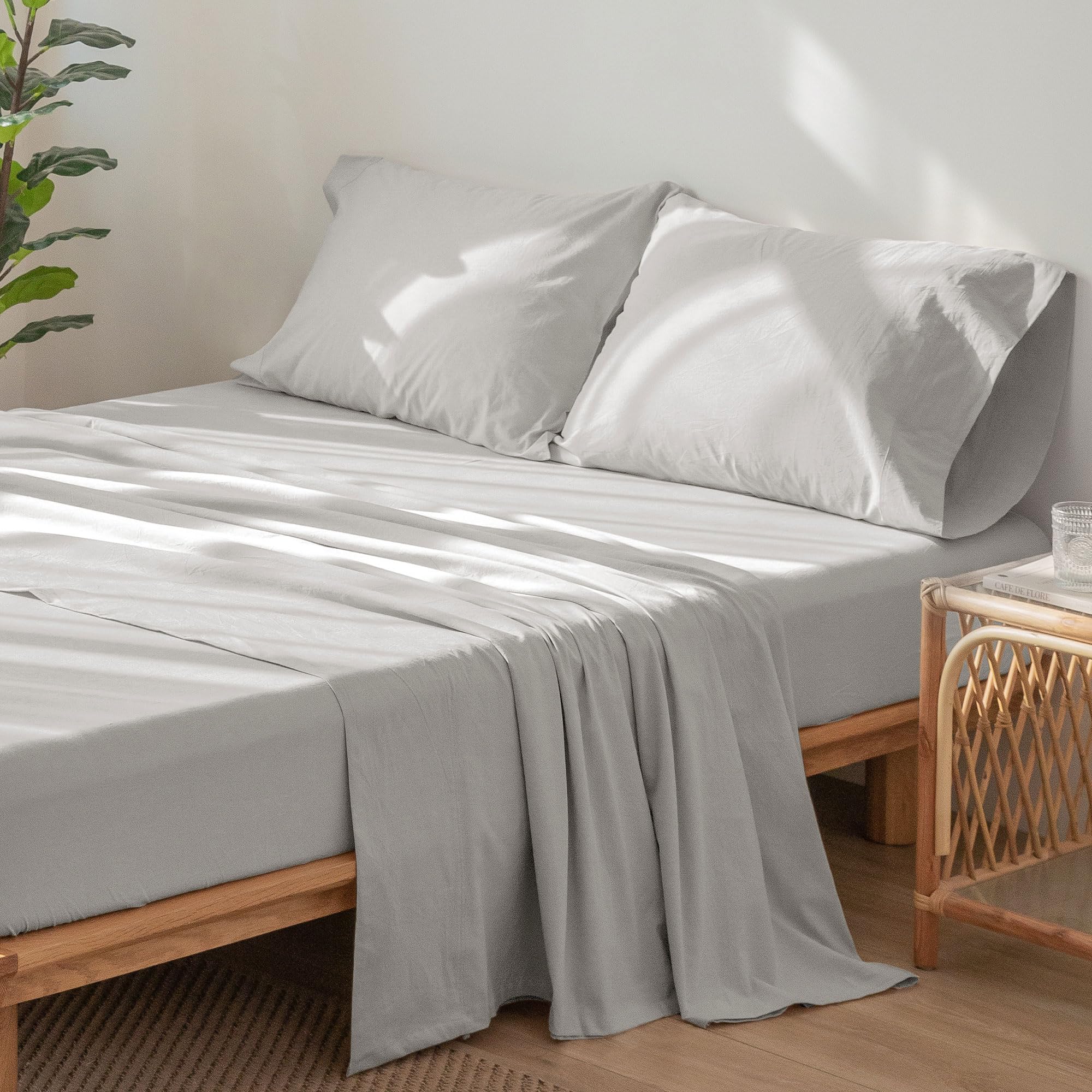 1   MooMee Bedding Sheet Set 100% Washed Cotton Linen Like Textured Breathable Durable Soft Comfy (Dark Grey, King)