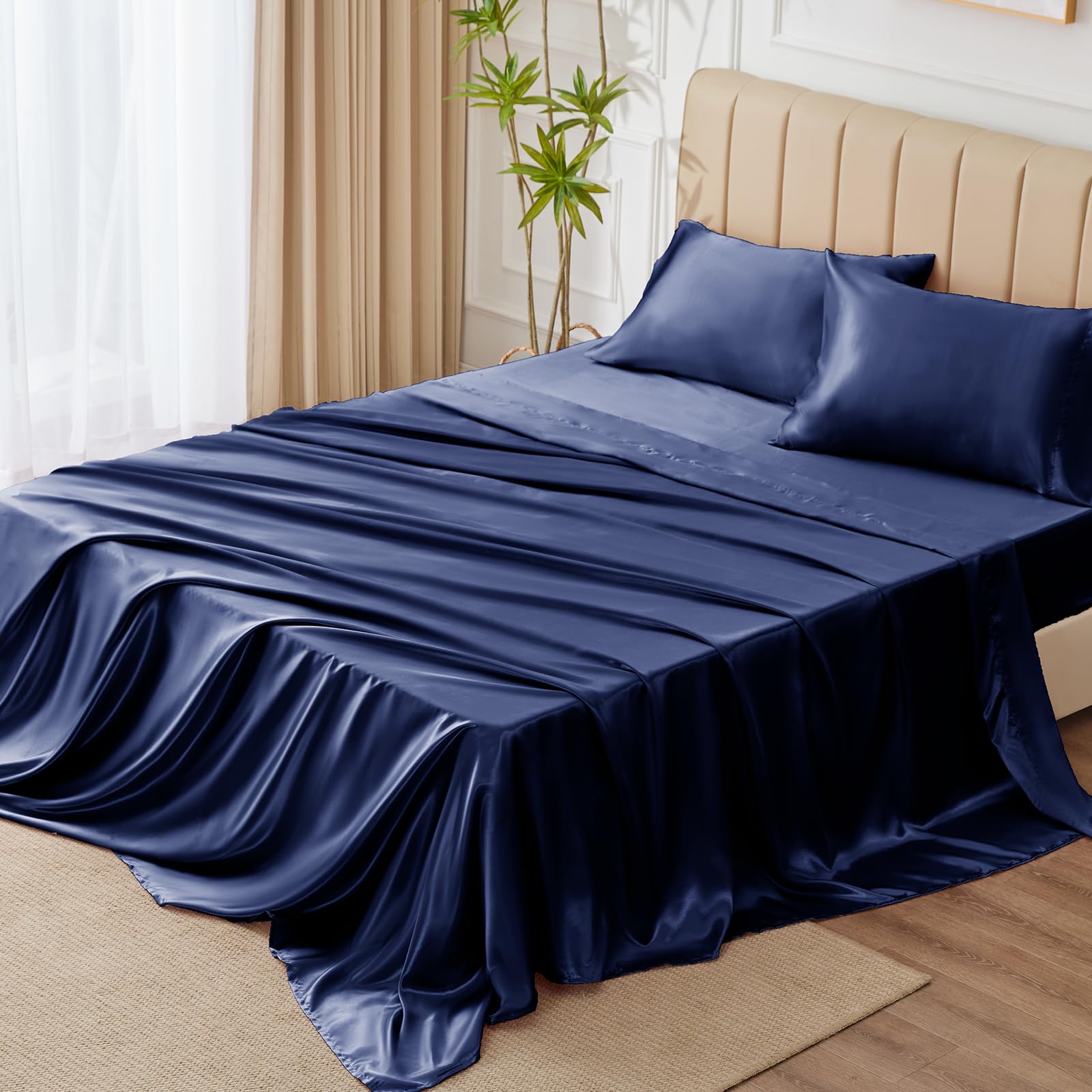 Satin Sheets Queen Size - 4 Piece Black Bed Sheet Set with Silky Microfiber, 1 Deep Pocket Fitted Sheet, 1 Flat Sheet, and 2 Pillowcases - Smooth and Soft