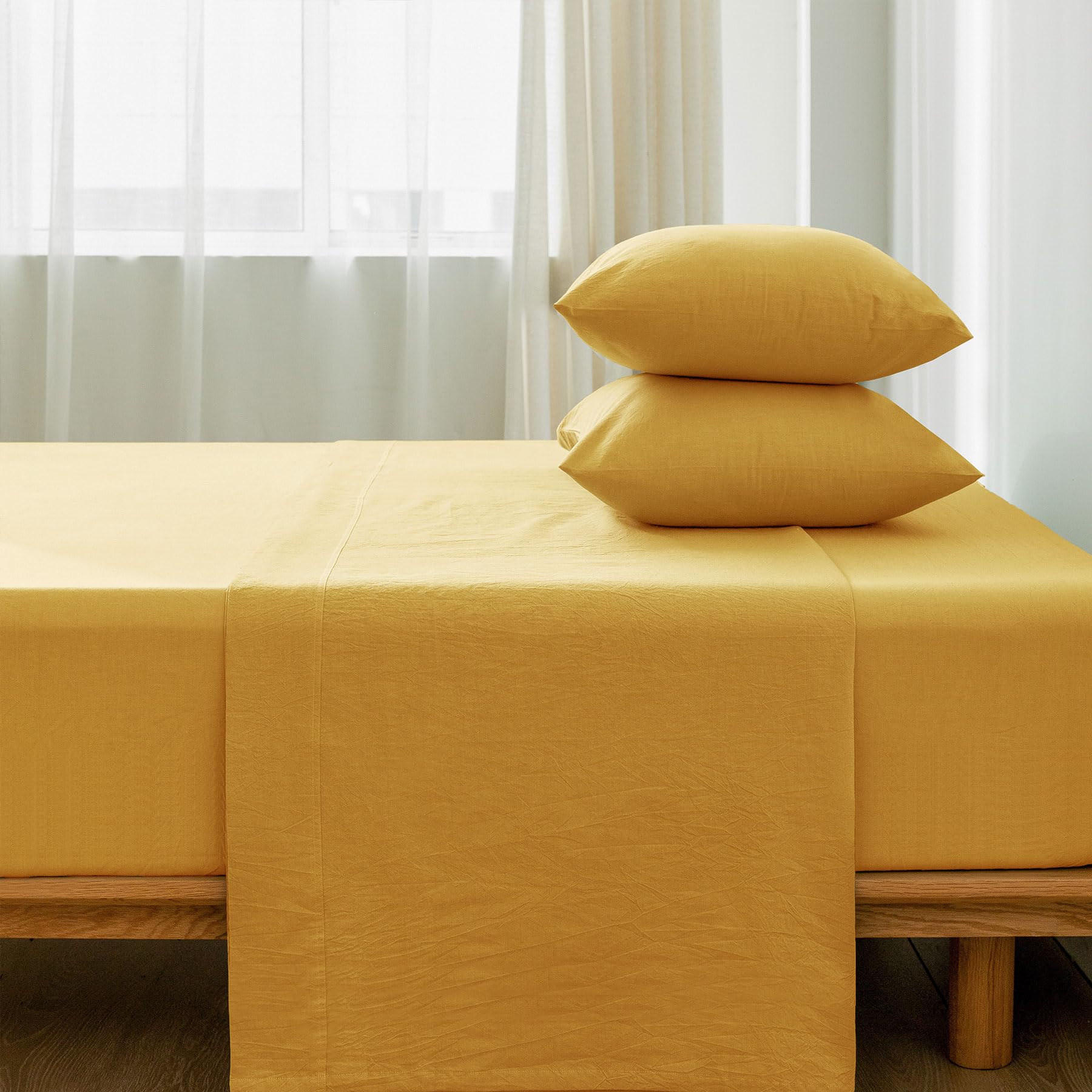 1 MooMee Bedding Sheet Set 100% Washed Cotton Linen Like Textured Breathable Durable Soft Comfy (Dark Grey, King)