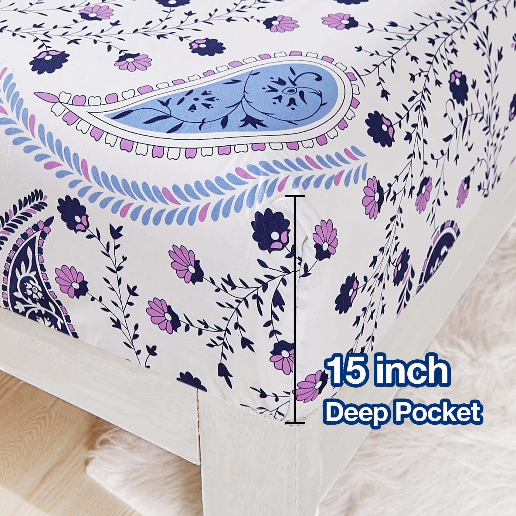 Boho Floral Printed Sheet Set Queen Size 4 Piece, Soft Botanical Pattern Microfiber Sheets Extra Deep Pocket