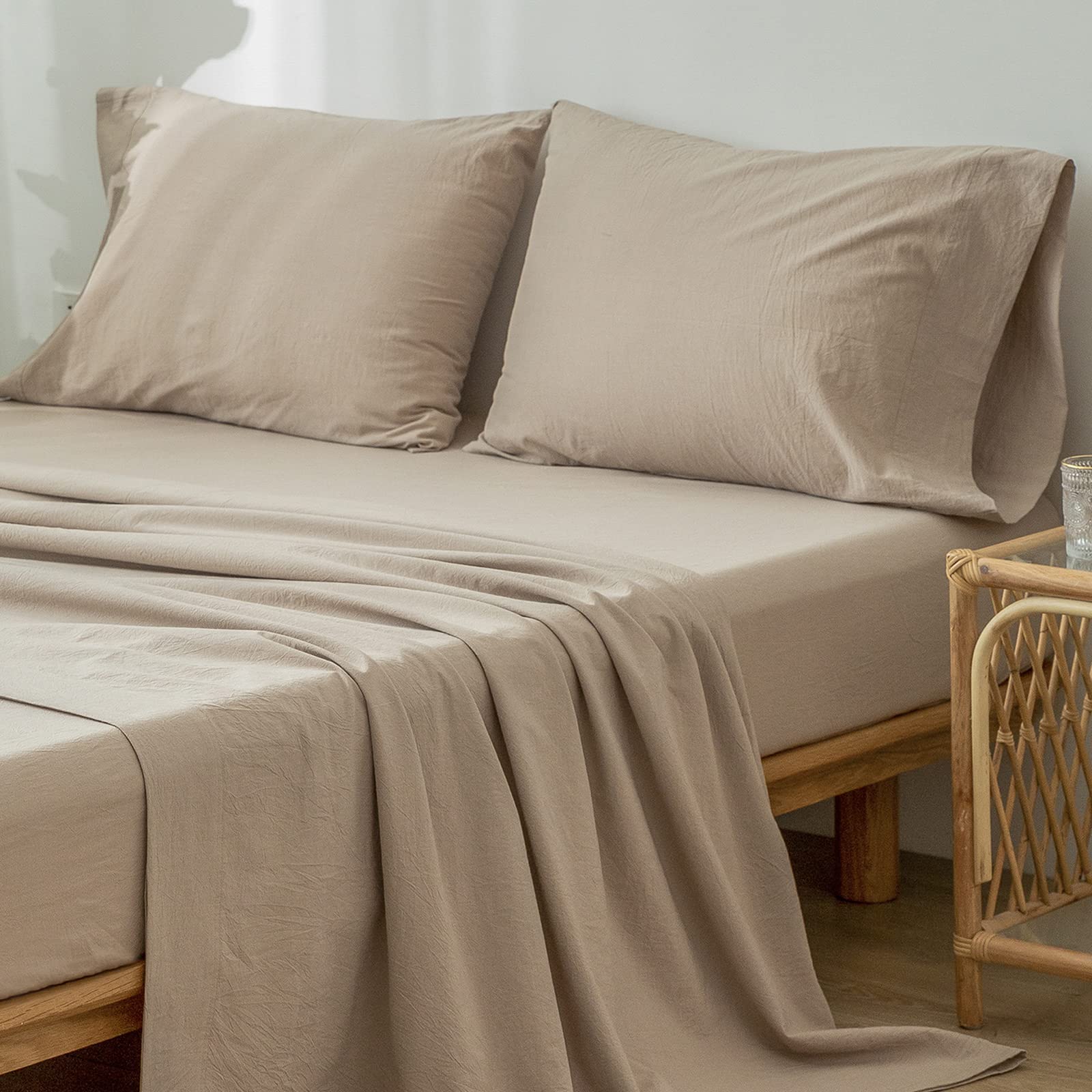 1 MooMee Bedding Sheet Set 100% Washed Cotton Linen Like Textured Breathable Durable Soft Comfy (Dark Grey, King)