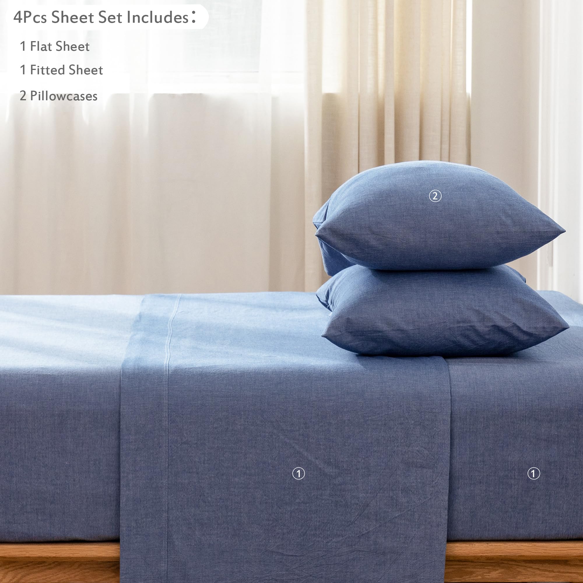 1 MooMee Bedding Sheet Set 100% Washed Cotton Linen Like Textured Breathable Durable Soft Comfy (Dark Grey, King)