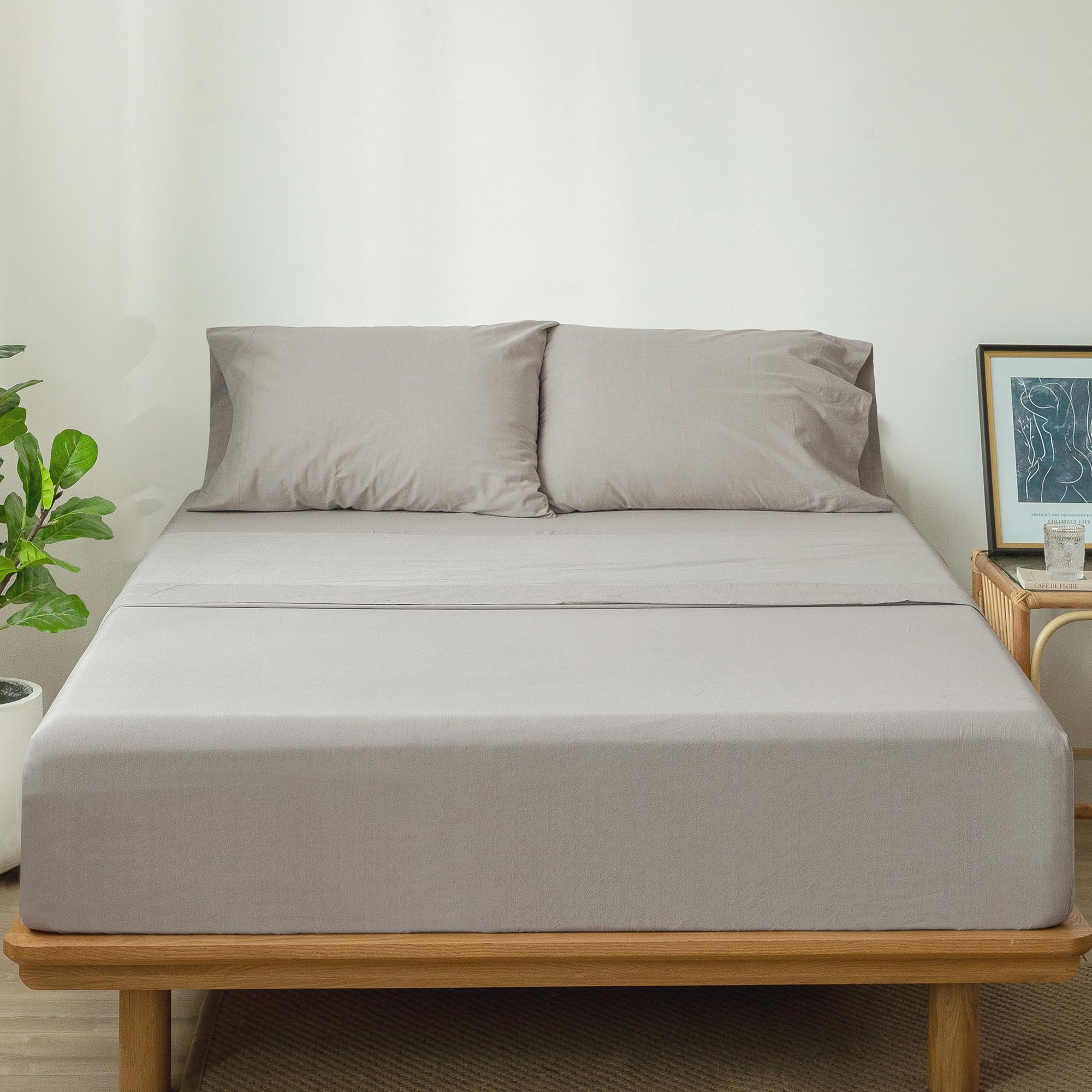 1 MooMee Bedding Sheet Set 100% Washed Cotton Linen Like Textured Breathable Durable Soft Comfy (Dark Grey, King)