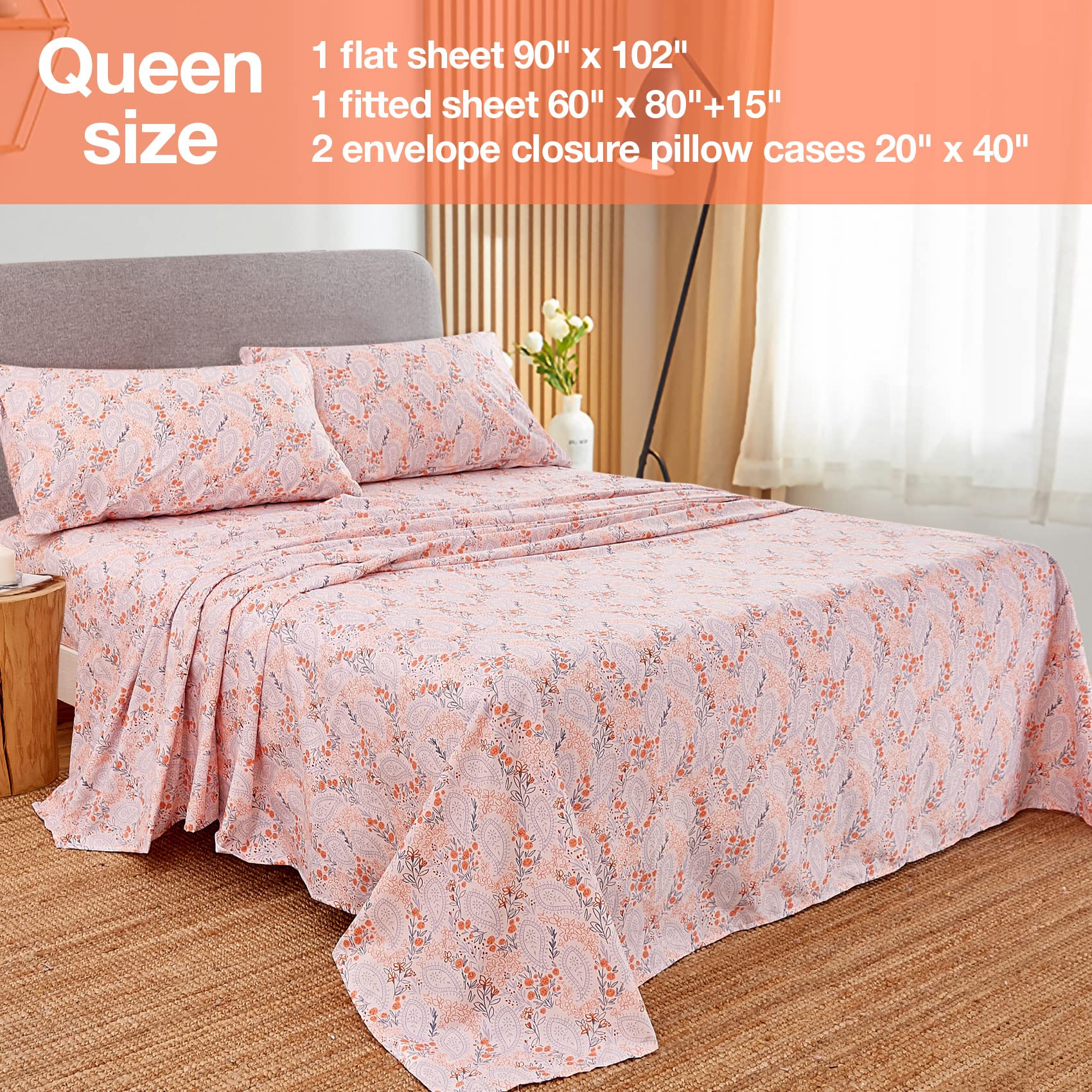Boho Floral Printed Sheet Set Queen Size 4 Piece, Soft Botanical Pattern Microfiber Sheets Extra Deep Pocket