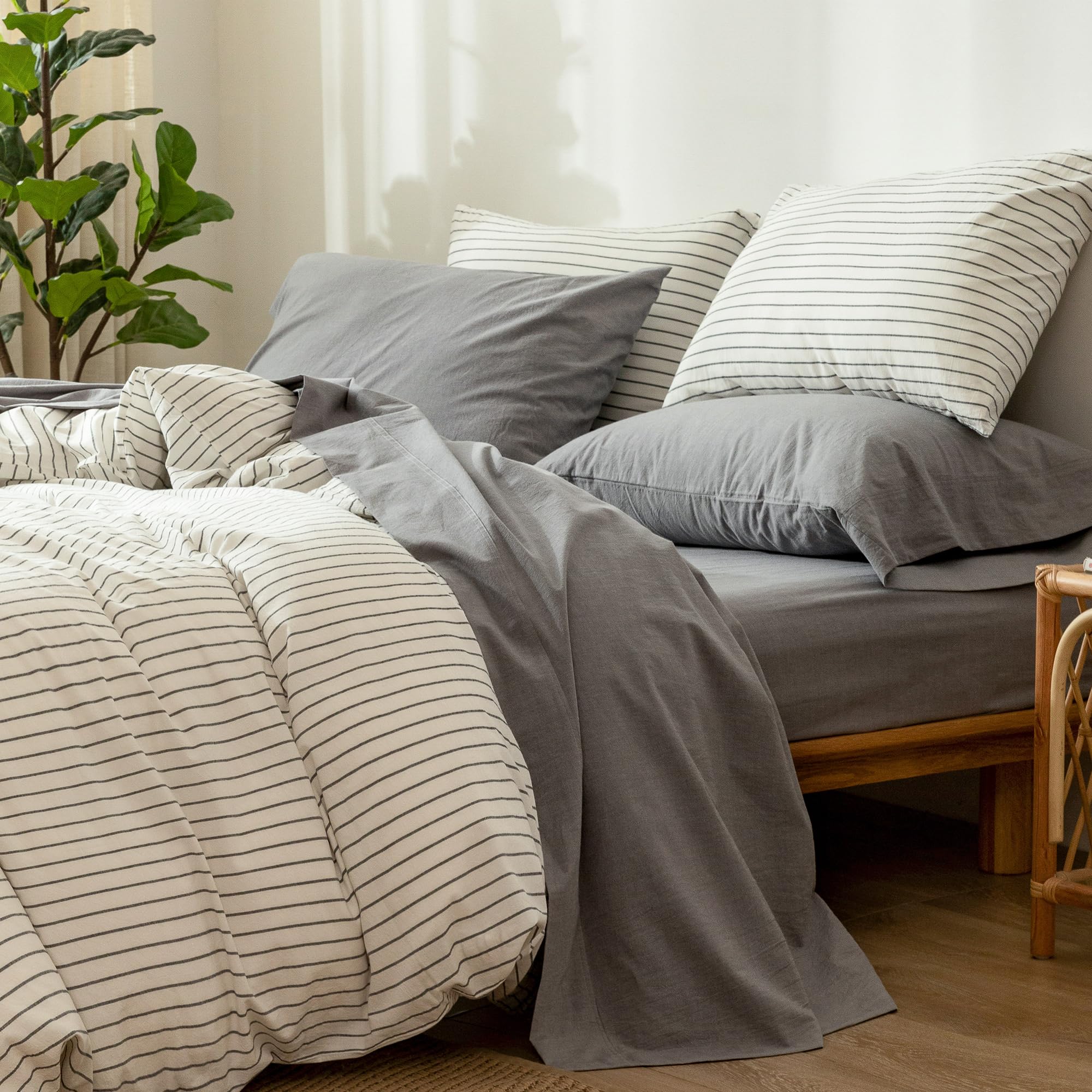 1 MooMee Bedding Sheet Set 100% Washed Cotton Linen Like Textured Breathable Durable Soft Comfy (Dark Grey, King)