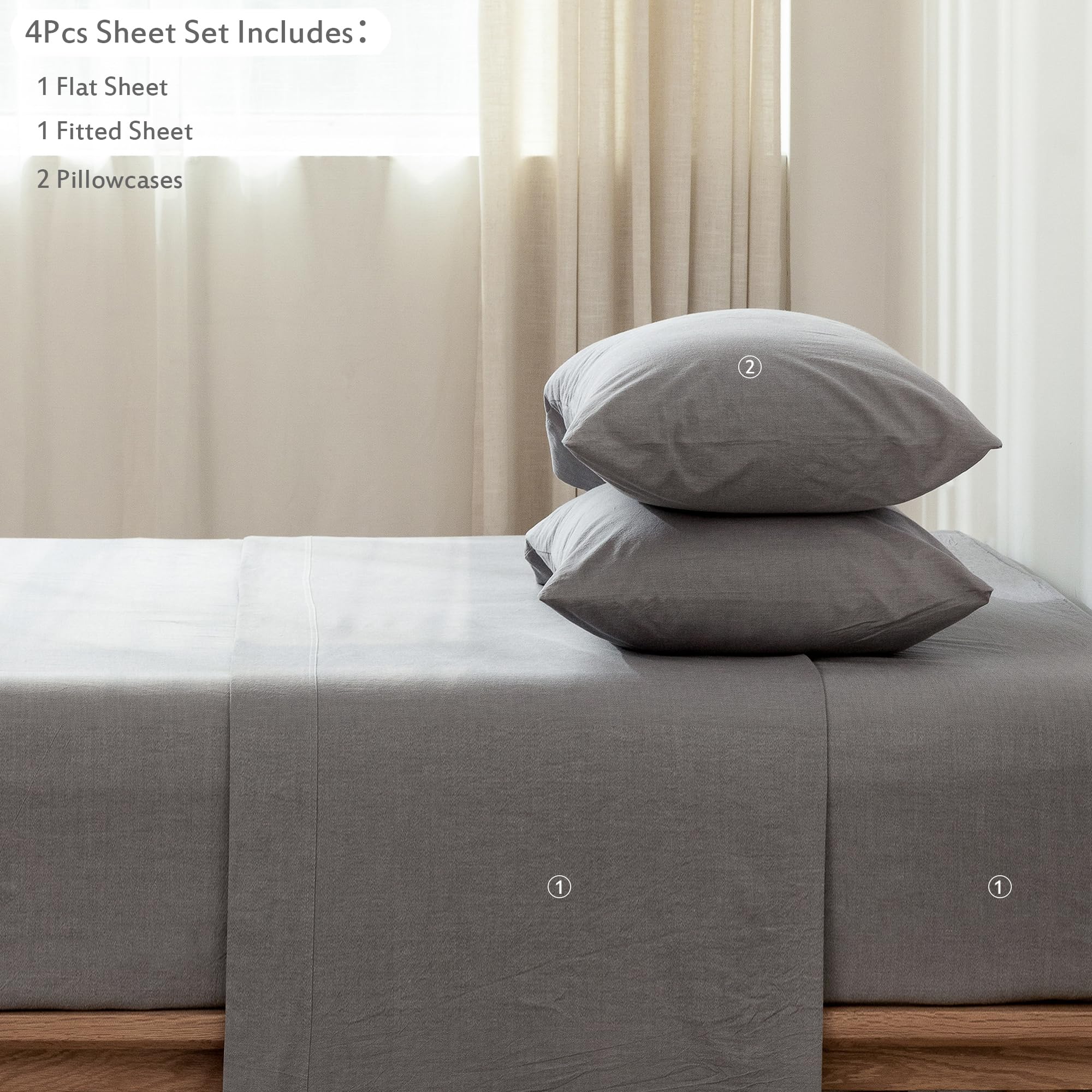 1 MooMee Bedding Sheet Set 100% Washed Cotton Linen Like Textured Breathable Durable Soft Comfy (Dark Grey, King)