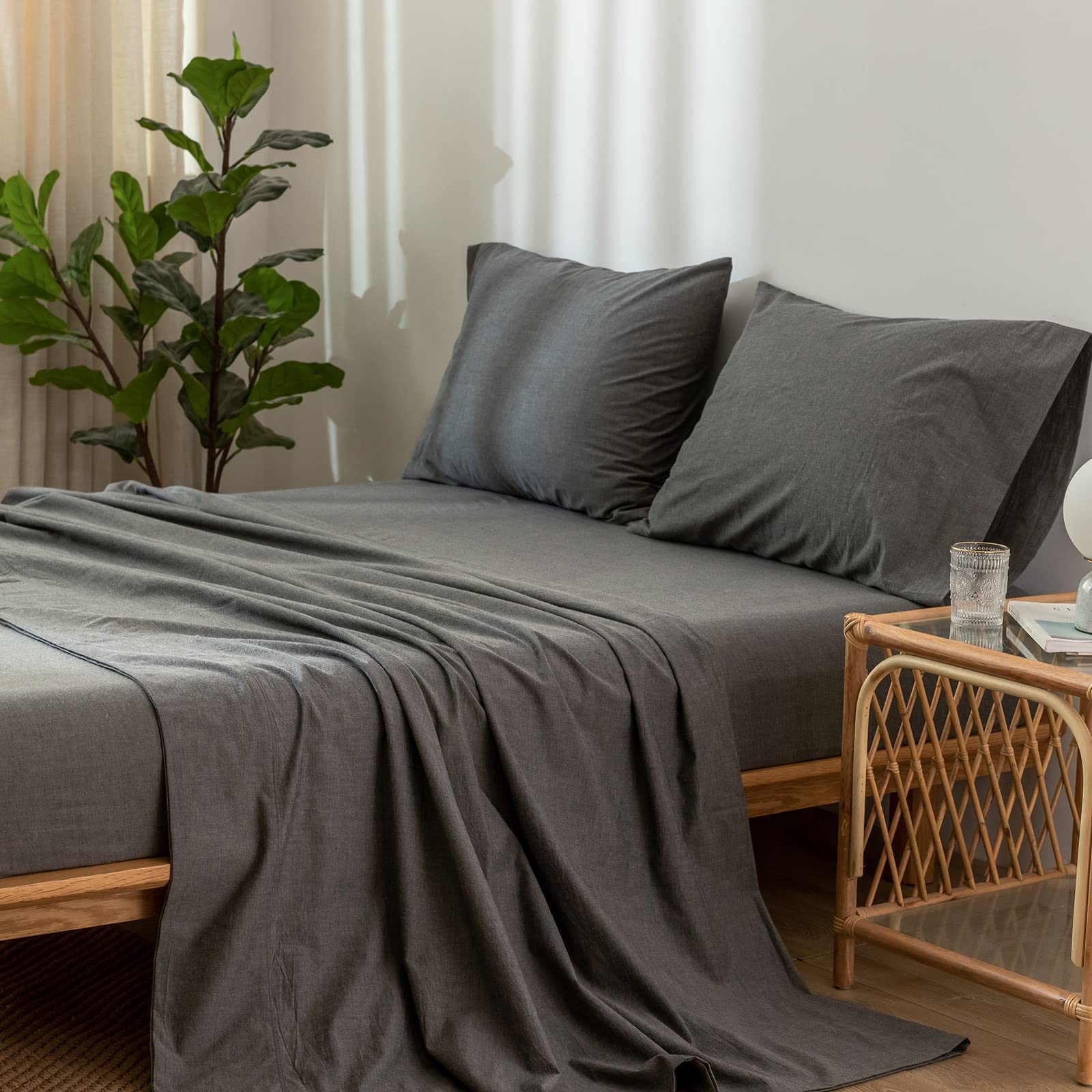 1 MooMee Bedding Sheet Set 100% Washed Cotton Linen Like Textured Breathable Durable Soft Comfy (Dark Grey, King)
