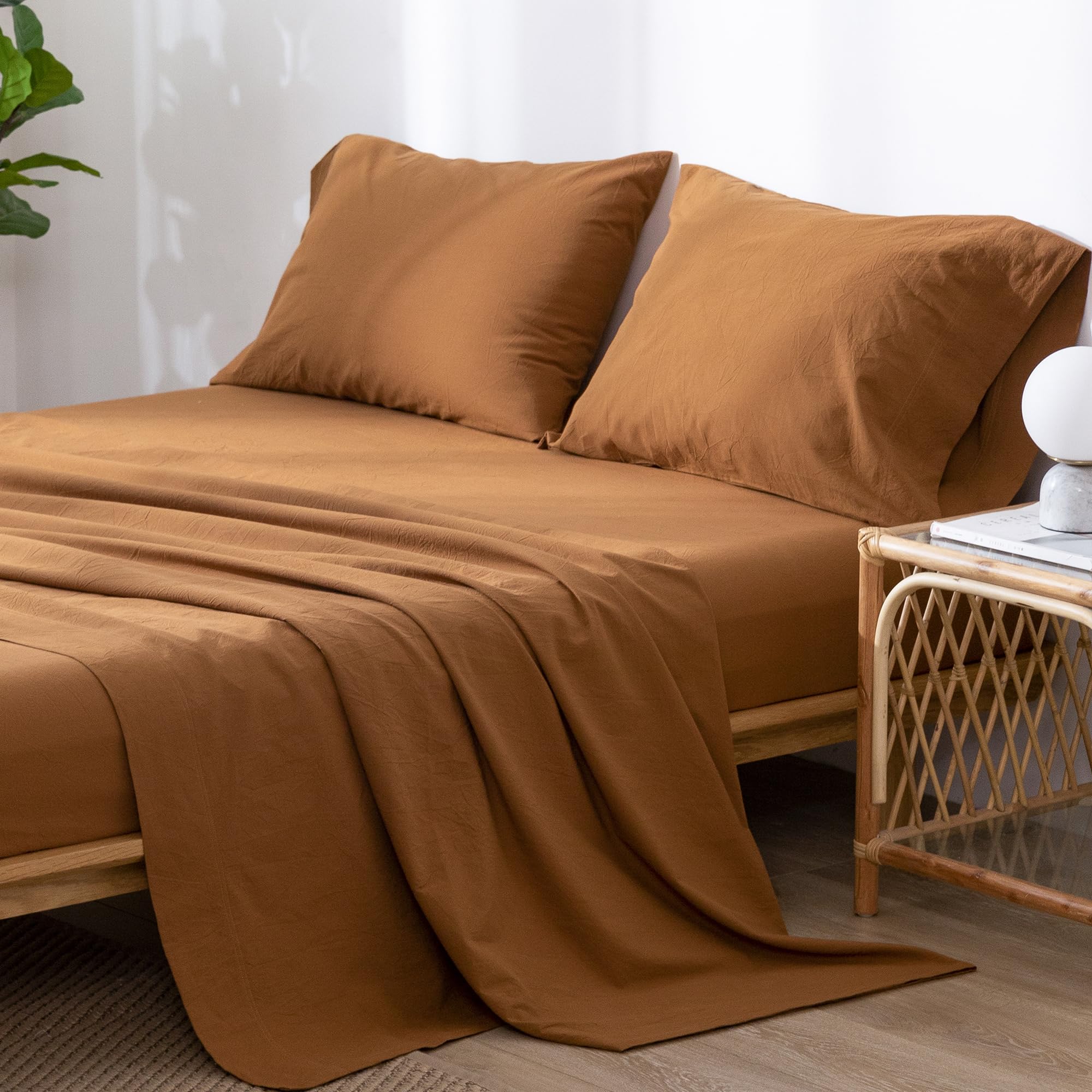 1   MooMee Bedding Sheet Set 100% Washed Cotton Linen Like Textured Breathable Durable Soft Comfy (Dark Grey, King)