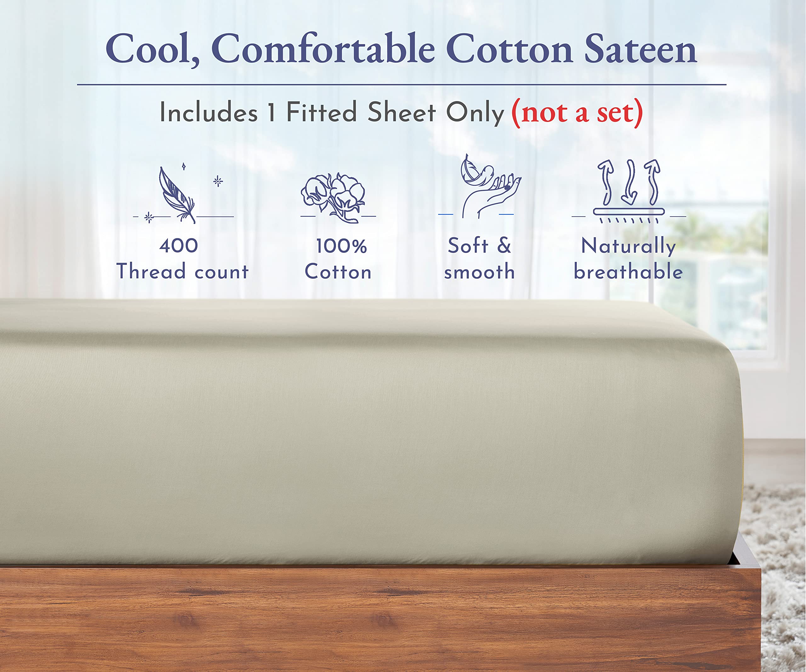 King Size Fitted Sheet White, 100% Cotton 400 Thread Count Sateen, Deep Pockets, Durable Fitted Sheet Only (King, White)