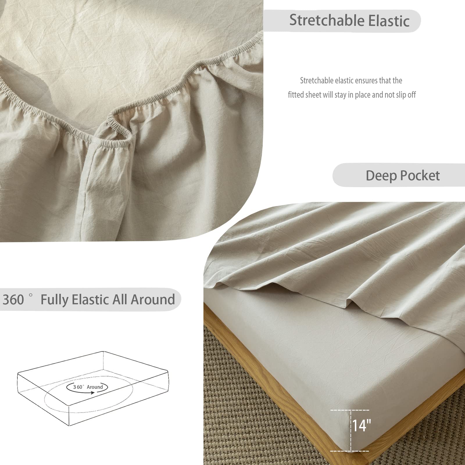 1 MooMee Bedding Sheet Set 100% Washed Cotton Linen Like Textured Breathable Durable Soft Comfy (Dark Grey, King)
