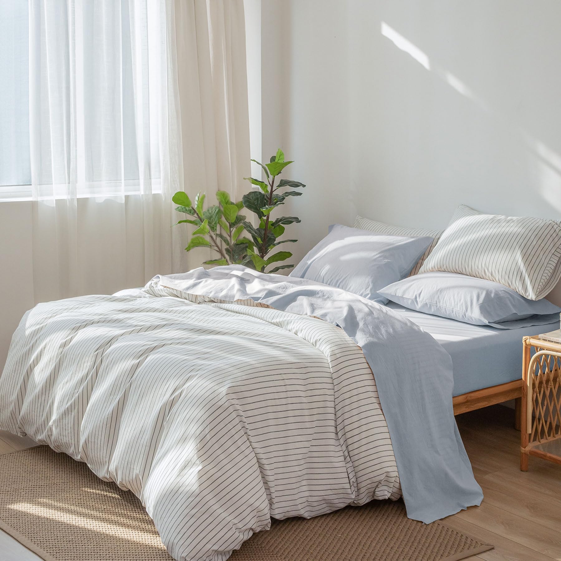 1 MooMee Bedding Sheet Set 100% Washed Cotton Linen Like Textured Breathable Durable Soft Comfy (Dark Grey, King)
