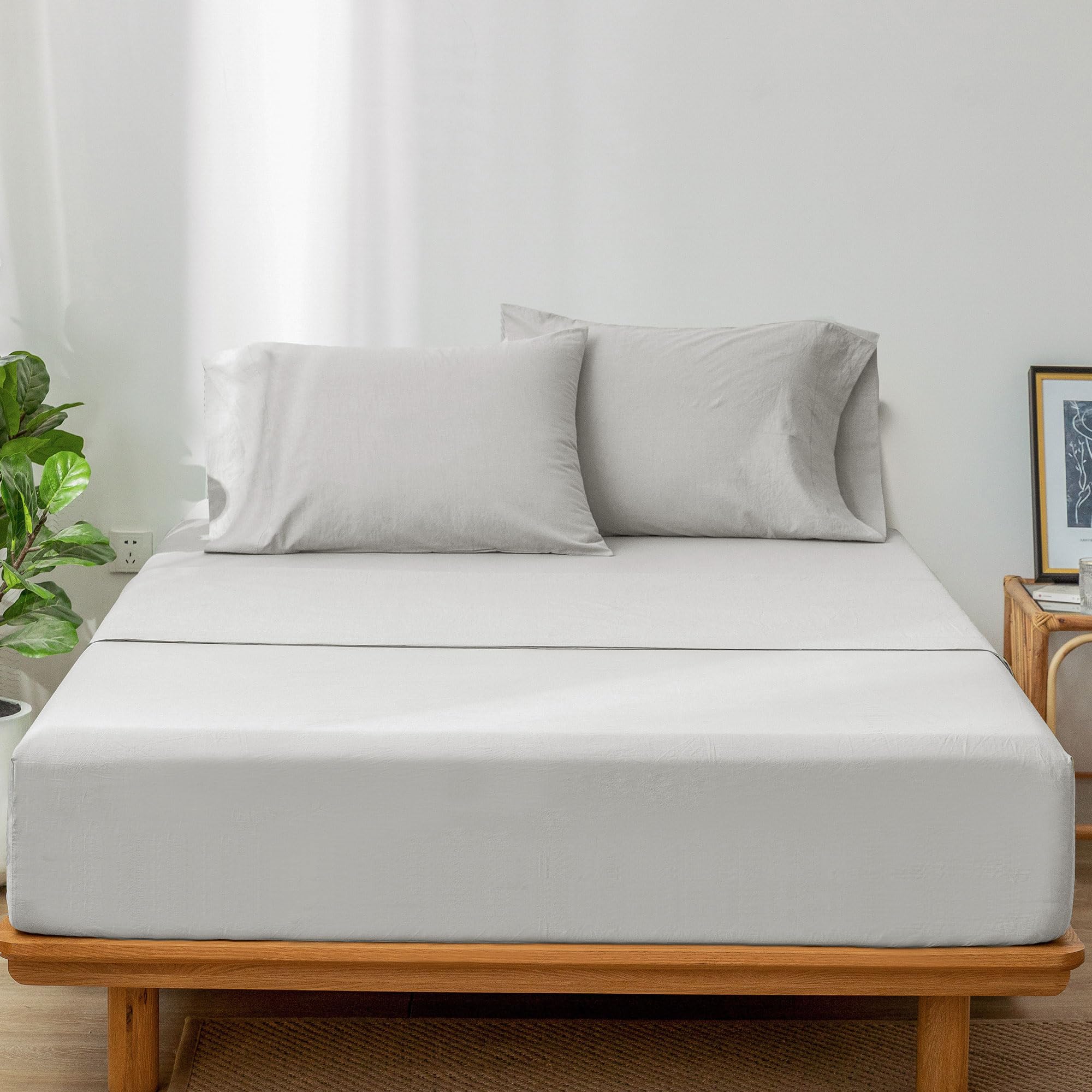 1 MooMee Bedding Sheet Set 100% Washed Cotton Linen Like Textured Breathable Durable Soft Comfy (Dark Grey, King)