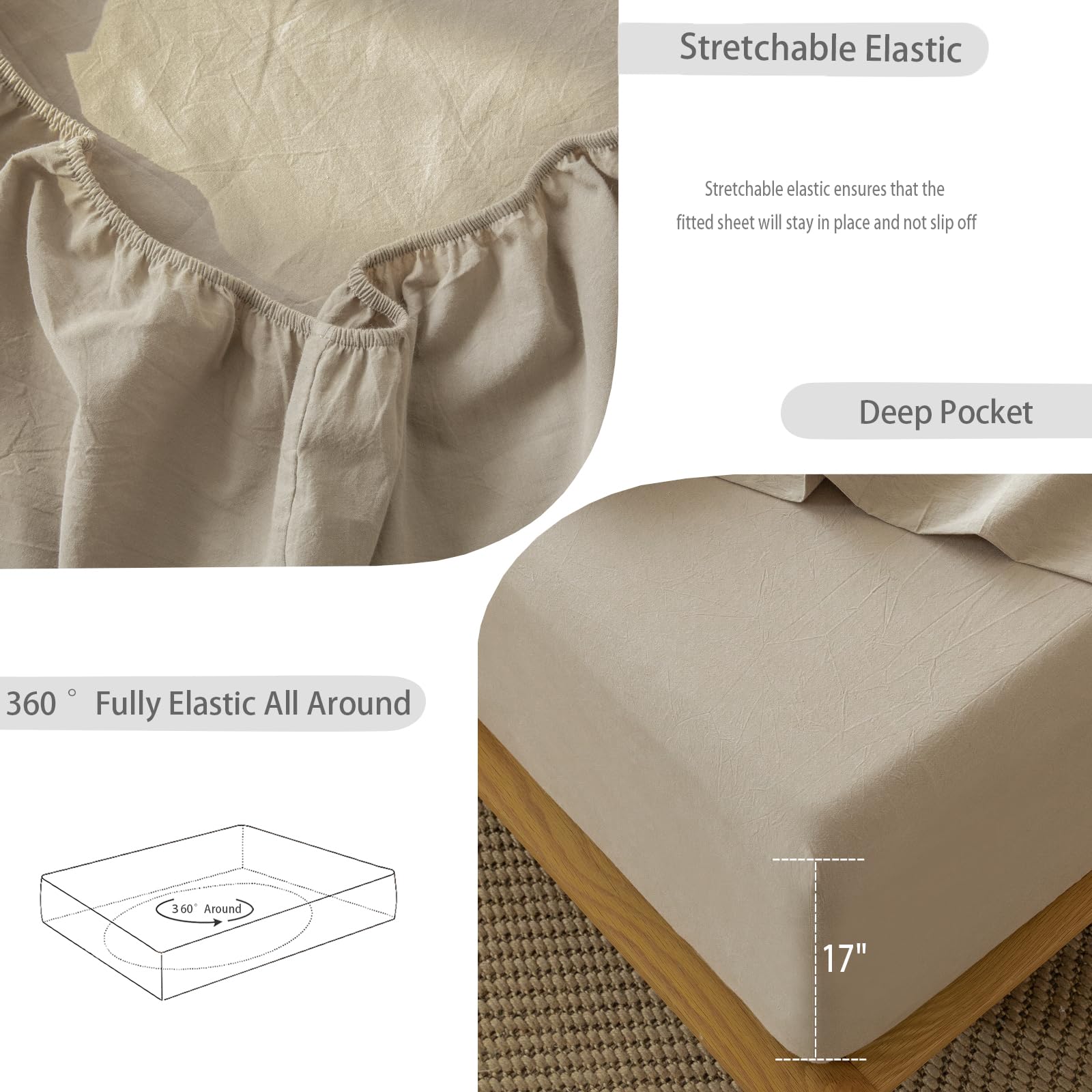 1 MooMee Bedding Sheet Set 100% Washed Cotton Linen Like Textured Breathable Durable Soft Comfy (Dark Grey, King)