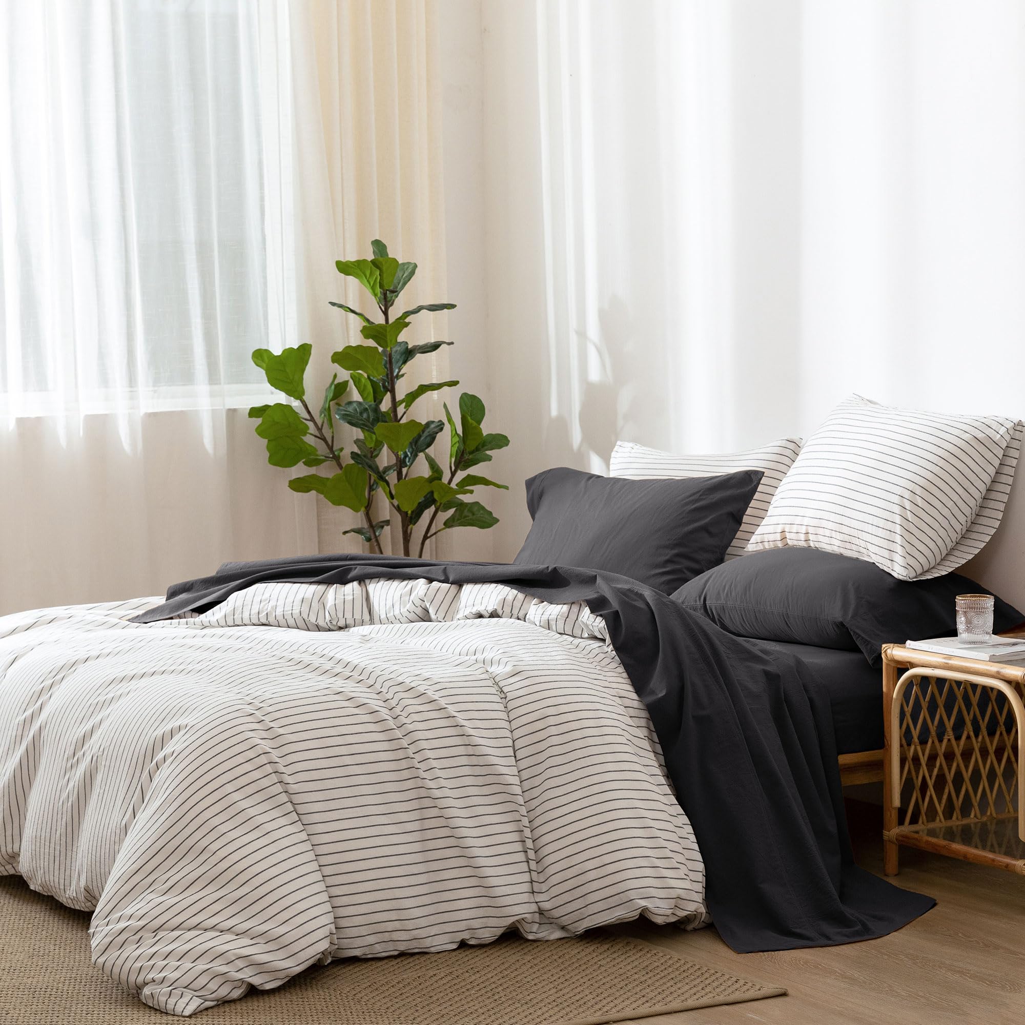 1 MooMee Bedding Sheet Set 100% Washed Cotton Linen Like Textured Breathable Durable Soft Comfy (Dark Grey, King)