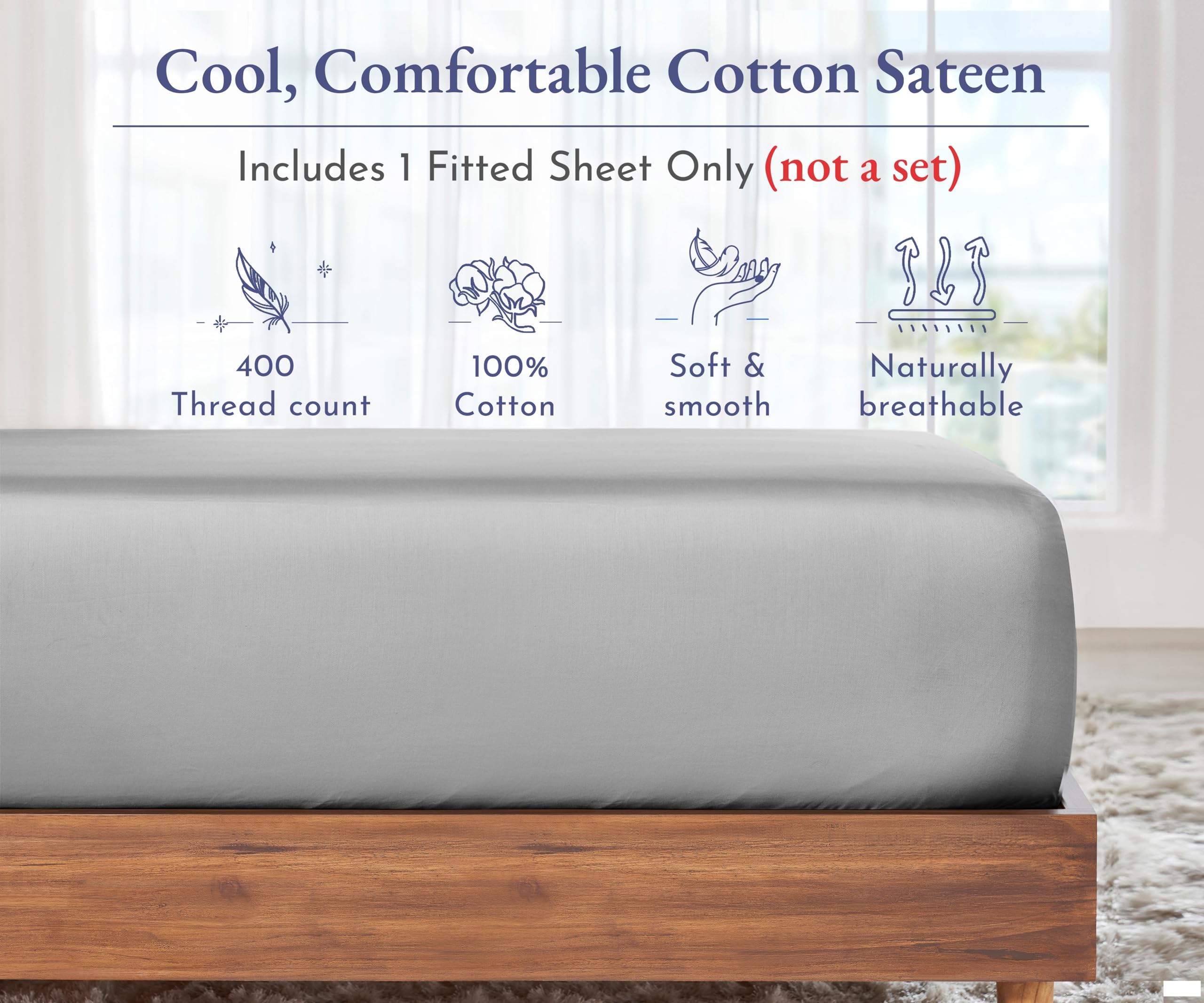 King Size Fitted Sheet White, 100% Cotton 400 Thread Count Sateen, Deep Pockets, Durable Fitted Sheet Only (King, White)