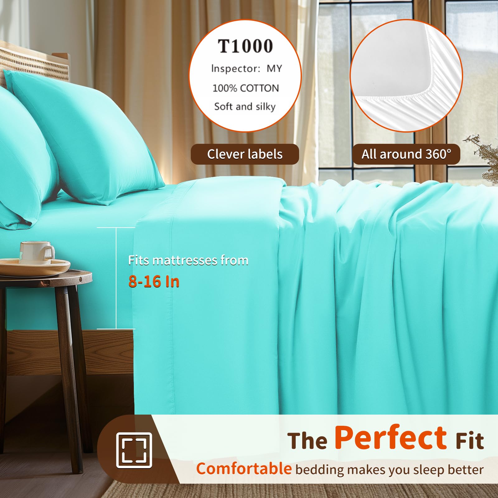 100% Egyptian Cotton Sheets Set 1000 Thread Count,Queen Size Bed Sheet 4 Piece Sets,Long Staple,16 Inches Deep Pocket,All Season,Bedding Super Soft Breathable,Sateen Weave(White)