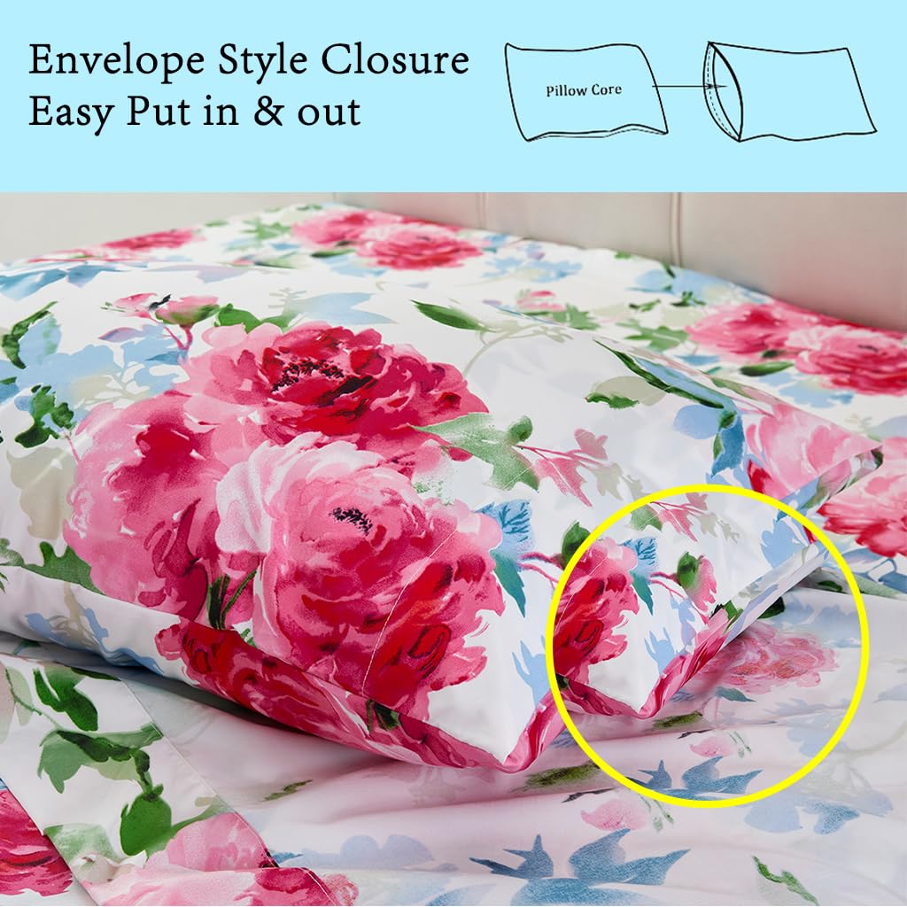 Boho Floral Printed Sheet Set Queen Size 4 Piece, Soft Botanical Pattern Microfiber Sheets Extra Deep Pocket