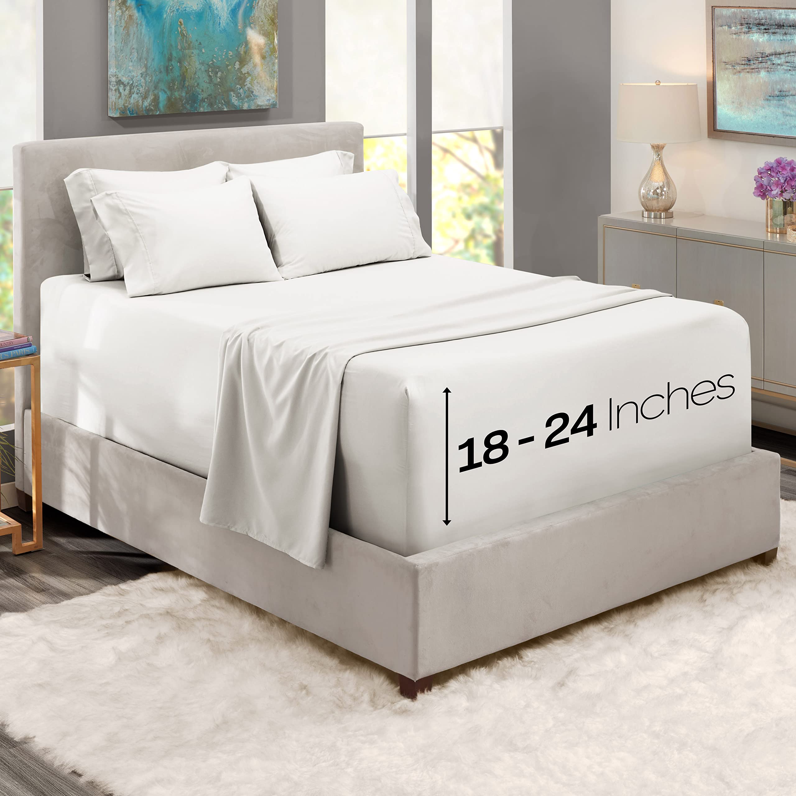 1Extra Deep Pocket King Size Sheets Sets - Fits Mattress 18-24 Inches Deep - Extra Deep Pocket Sheets - 6 Piece King Size Sheets - King Sheets Deep Pocket - Grey Sheets