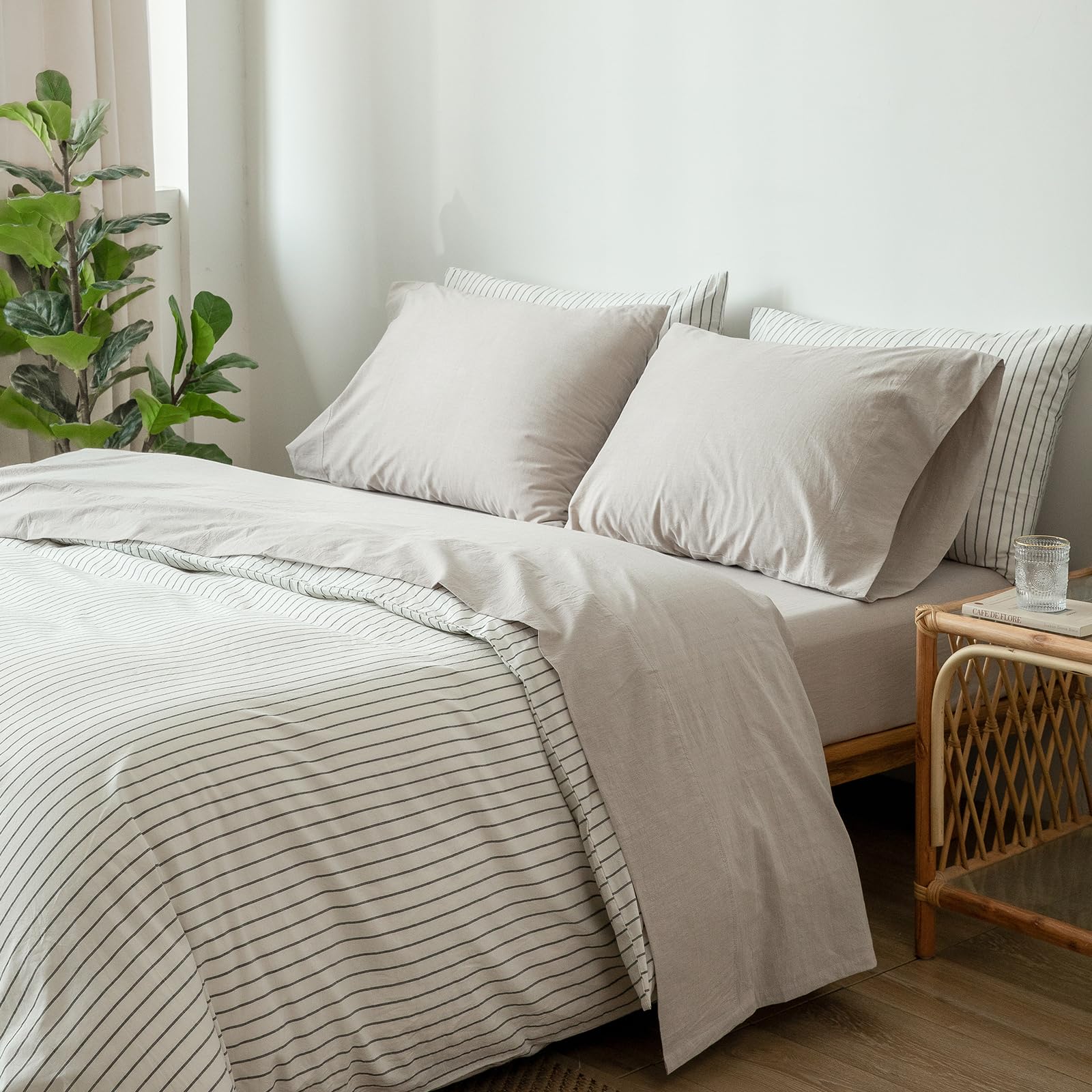 1 MooMee Bedding Sheet Set 100% Washed Cotton Linen Like Textured Breathable Durable Soft Comfy (Dark Grey, King)