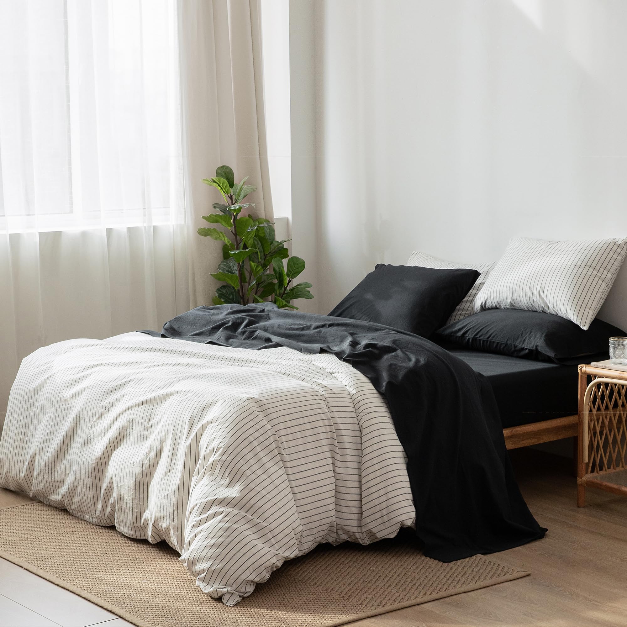 1 MooMee Bedding Sheet Set 100% Washed Cotton Linen Like Textured Breathable Durable Soft Comfy (Dark Grey, King)