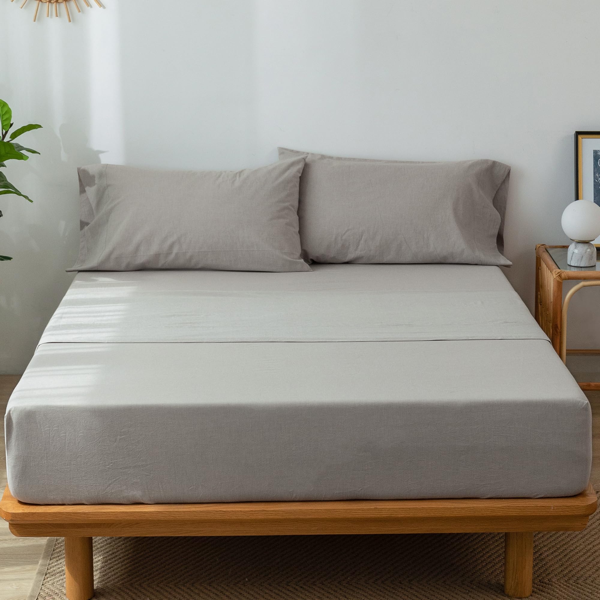 1 MooMee Bedding Sheet Set 100% Washed Cotton Linen Like Textured Breathable Durable Soft Comfy (Dark Grey, King)