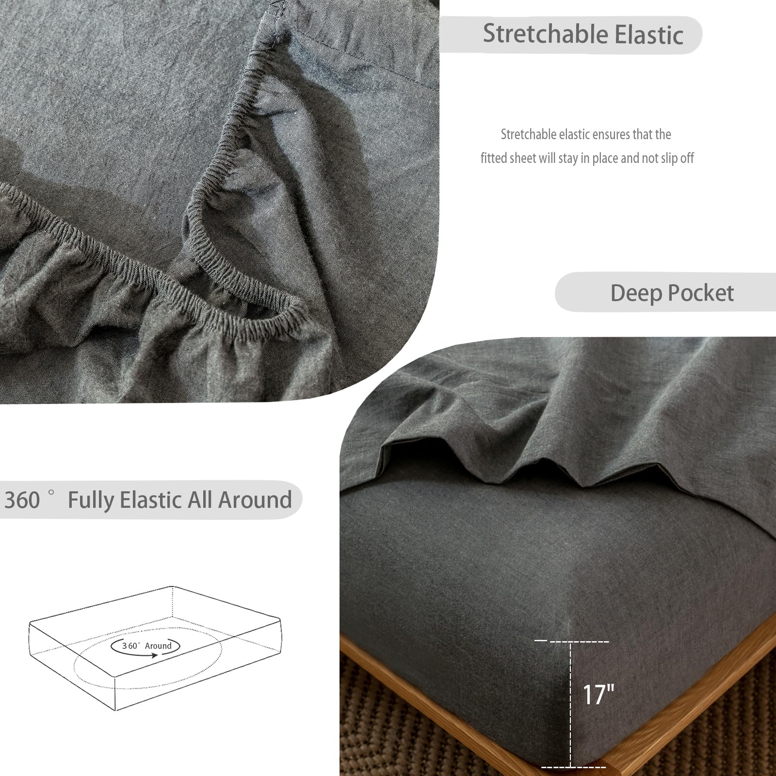 1 MooMee Bedding Sheet Set 100% Washed Cotton Linen Like Textured Breathable Durable Soft Comfy (Dark Grey, King)