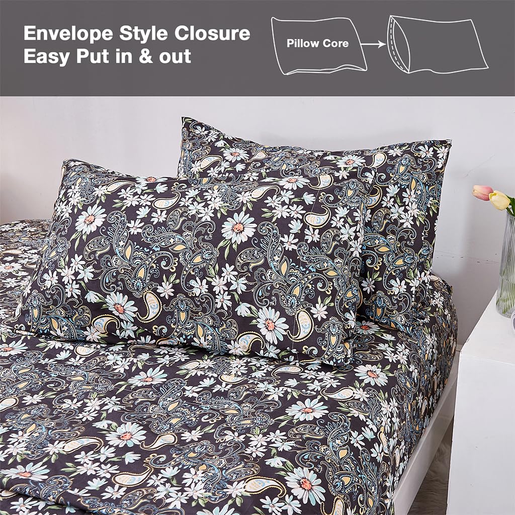 Boho Floral Printed Sheet Set Queen Size 4 Piece, Soft Botanical Pattern Microfiber Sheets Extra Deep Pocket