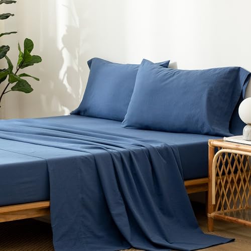 1 MooMee Bedding Sheet Set 100% Washed Cotton Linen Like Textured Breathable Durable Soft Comfy (Dark Grey, King)