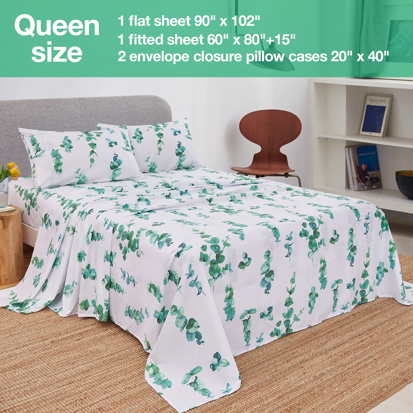 Boho Floral Printed Sheet Set Queen Size 4 Piece, Soft Botanical Pattern Microfiber Sheets Extra Deep Pocket